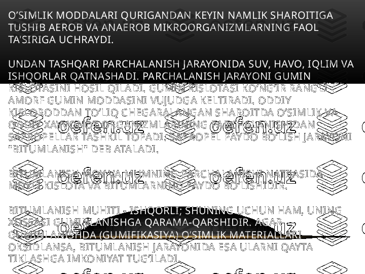 O’SIMLIK MODDALARI QURIGANDAN KEYIN NAMLIK SHAROITIGA 
TUSHIB AEROB VA ANAEROB MIKROORGANIZMLARNING FAOL 
TA'SIRIGA UCHRAYDI.
UNDAN TASHQARI PARCHALANISH JARAYONIDA SUV, HAVO, IQLIM VA 
ISHQORLAR QATNASHADI. PARCHALANISH JARAYONI GUMIN 
KISLOTASINI HOSIL QILADI. GUMIN KISLOTASI KO’NG’IR RANGLI 
AMORF GUMIN MODDASINI VUJUDGA KELTIRADI. ODDIY 
KISLORODDAN TO’LIQ CHEGARALANGAN SHAROITDA O’SIMLIK VA 
ODDIY XAYVONOT ORGANIZMLARINING PARCHALANISHIDAN 
SAPROPELLAR TASHKIL TOPADI. SAPROPEL PAYDO BO’LISH JARAYONI 
"BITUMLANISH" DEB ATALADI. 
BITUMLANISH MOY VA MUMNING PARCHALANISHI NATIJASIDA 
MOYLI KISLOTA VA BITUMLARNING PAYDO BO’LISHIDIR.
BITUMLANISH MUHITI - ISHQORLI; SHUNING UCHUN HAM, UNING 
XOSSASI GUMINLANISHGA QARAMA-QARSHIDIR. AGAR 
GUMINLANISHDA (GUMIFIKASIYA) O’SIMLIK MATERIALLARI 
OKSIDLANSA, BITUMLANISH JARAYONIDA ESA ULARNI QAYTA 
TIKLASHGA IMKONIYAT TUG’ILADI. 