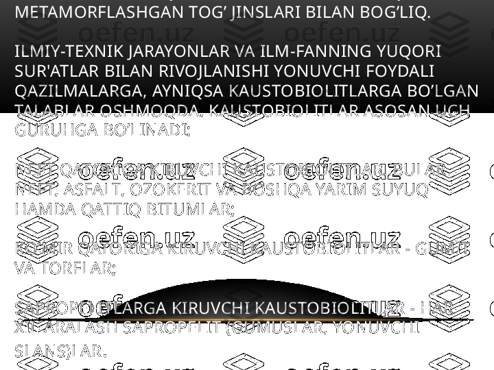 BUNDAY FOYDALI QAZILMALAR CHO’KINDI, OTQINDI VA 
METAMORFLASHGAN TOG’ JINSLARI BILAN BOG’LIQ. 
ILMIY-TEXNIK JARAYONLAR VA ILM-FANNING YUQORI 
SUR'ATLAR BILAN RIVOJLANISHI YONUVCHI FOYDALI 
QAZILMALARGA, AYNIQSA KAUSTOBIOLITLARGA BO’LGAN 
TALABLAR OSHMOQDA. KAUSTOBIOLITLAR ASOSAN UCH 
GURUHGA BO’LINADI:
NEFT QATORIGA KIRUVCHI KAUSTOBIOLITLAR. BULAR 
NEFT, ASFALT, OZOKERIT VA BOSHQA YARIM SUYUQ 
HAMDA QATTIQ BITUMLAR; 
KO’MIR QATORIGA KIRUVCHI KAUSTOBIOLITLAR - GUMIT 
VA TORFLAR;
SAPROPELITLARGA KIRUVCHI KAUSTOBIOLITLAR - HAR 
XIL ARALASH SAPROPELIT (GUMUSLAR, YONUVCHI 
SLANS)LAR .  