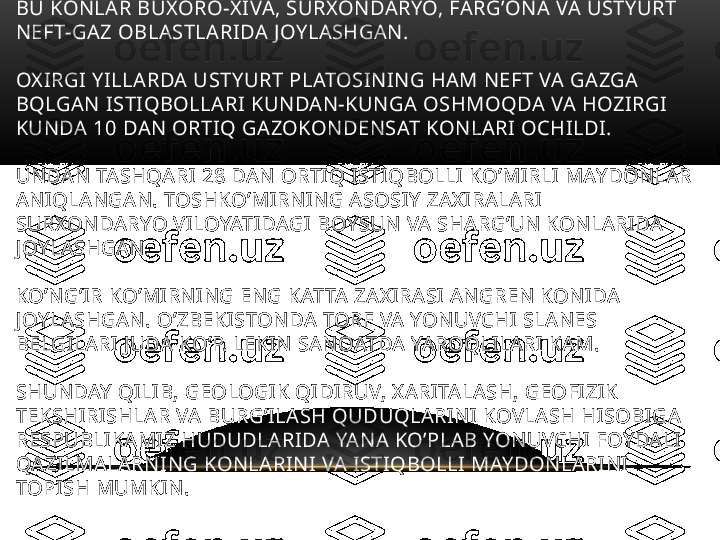 BU KONLAR BUXORO-XIVA, SURXONDARYO, FARG’ONA VA USTYURT 
NEFT-GAZ OBLASTLARIDA JOYLASHGAN.
OXIRGI YILLARDA USTYURT PLATOSINING HAM NEFT VA GAZGA 
BQLGAN ISTIQBOLLARI KUNDAN-KUNGA OSHMOQDA VA HOZIRGI 
KUNDA 10 DAN ORTIQ GAZOKONDENSAT KONLARI OCHILDI. 
UNDAN TASHQARI 28 DAN ORTIQ ISTIQBOLLI KO’MIRLI MAYDONLAR 
ANIQLANGAN. TOSHKO’MIRNING ASOSIY ZAXIRALARI 
SURXONDARYO VILOYATIDAGI BOYSUN VA SHARG’UN KONLARIDA 
JOYLASHGAN.
KO’NG’IR KO’MIRNING ENG KATTA ZAXIRASI ANGREN KONIDA 
JOYLASHGAN. O’ZBEKISTONDA TORF VA YONUVCHI SLANES 
BELGILARI JUDA KO’P. LEKIN SANOATDA YAROQLILARI KAM. 
SHUNDAY QILIB, GEOLOGIK QIDIRUV, XARITALASH, GEOFIZIK 
TEKSHIRISHLAR VA BURG’ILASH QUDUQLARINI KOVLASH HISOBIGA 
RESPUBLIKAMIZ HUDUDLARIDA YANA KO’PLAB YONUVCHI FOYDALI 
QAZILMALARNING KONLARINI VA ISTIQBOLLI MAYDONLARINI 
TOPISH MUMKIN. 