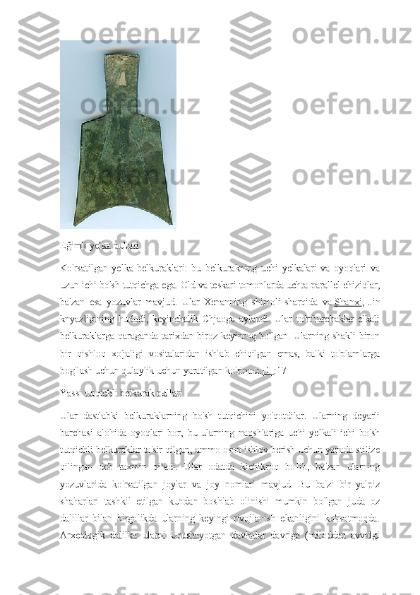 Eğimli yelka pullari
Ko'rsatilgan   yelka   belkuraklari:   bu   belkurakning   uchi   yelkalari   va   oyoqlari   va
uzun ichi bo'sh tutqichga ega. Old va teskari tomonlarda uchta parallel chiziqlar,
ba'zan   esa   yozuvlar   mavjud.   Ular   Xenanning   shimoli-sharqida   va   Shanxi ,   Jin
knyazligining   hududi,   keyinchalik   Chjaoga   aylandi.   Ular   to'rtburchaklar   elkali
belkuraklarga qaraganda tarixdan biroz keyinroq bo'lgan. Ularning shakli biron
bir   qishloq   xo'jaligi   vositalaridan   ishlab   chiqilgan   emas,   balki   to'plamlarga
bog'lash uchun qulaylik uchun yaratilgan ko'rinadi. [1] :17
Yassi tutqichli belkurak pullari
Ular   dastlabki   belkuraklarning   bo'sh   tutqichini   yo'qotdilar.   Ularning   deyarli
barchasi   alohida   oyoqlari   bor,   bu   ularning   naqshlariga   uchi   yelkali   ichi   bo'sh
tutqichli belkuraklar ta'sir qilgan, ammo oson ishlov berish uchun yanada stilize
qilingan   deb   taxmin   qiladi.   Ular   odatda   kichikroq   bo'lib,   ba'zan   ularning
yozuvlarida   ko'rsatilgan   joylar   va   joy   nomlari   mavjud.   Bu   ba'zi   bir   yalpiz
shaharlari   tashkil   etilgan   kundan   boshlab   olinishi   mumkin   bo'lgan   juda   oz
dalillar   bilan   birgalikda   ularning   keyingi   rivojlanish   ekanligini   ko'rsatmoqda.
Arxeologik   dalillar   ularni   Urushayotgan   davlatlar   davriga   (miloddan   avvalgi 