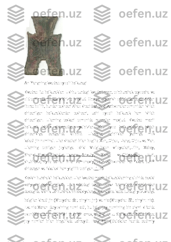 An Yangning kvadrat oyoqli belkuragi
Kvadrat   fut   belkuraklar:   Ushbu   turdagi   kvadrat   metr,   to'rtburchak   tayoqcha   va
old tomonda markaziy chiziq mavjud. Orqaga qaytarish odatda uchta chiziqdan
iborat bo'lib, bundan tashqari Zhao shtatidagi ba'zi zarbxonalar tomonidan ishlab
chiqarilgan   belkuraklardan   tashqari,   uchi   oyoqli   belkurak   ham   ishlab
chiqarilgan.   Ularning   teskari   tomonida   raqamlar   mavjud.   Kvadrat   metrli
belkurak   ishlab   chiqaradigan   yalpizlar   uchli   oyoq   belkuraklarini   ishlab
chiqarishga   qaraganda   ko'proq.   Ularning   og'irliklari   yarmiga   mos
keladi   jin   nominal. Ular shtatlari bilan bog'liq   Xon ,   Chjao ,   Liang , Chjou va   Yan .
Ularning   topilgan   joylariga   Ichki   Mo'g'uliston   viloyatlari,   Jilin ,   Xebey,
Shanxi,   Shensi ,   Shandun ,   Tszansu ,   Anxuiy ,   Xenan   va   Chjetszyan .   Turi,
shubhasiz,   oyoq   uchlari   bilan   zamonaviy;   ba'zi   zarbxonalar   har   ikkala   turini
chiqargan va ikkalasi ham yig'ilib topilgan. [1] :35
Keskin burchakli belkuraklar: Ular kvadrat metrli belkuraklarning alohida pastki
seriyasini   tashkil   qiladi.   Ular   odatdagi   turdan   biroz   farq   qiladi,   chunki   ular
dastagida kichik uchburchak proektsiyalarga ega. Uchta katta turdagi yozuvlarga
belgilar   kiradi   jin   (Xitoycha:   金 ;   pinyin:   jīn)   va   nie   (Xitoycha:   涅 ;   pinyin:   nie).
Esa   nie   Xenan   daryosining   nomi   edi,   bu   belgi   joy   nomining   bir   qismi   sifatida
osonlikcha   talqin   qilinishi   mumkin   emas,   chunki   u   Lu   Shi   va   Yu   kabi   boshqa
joy   nomlari   bilan   birgalikda   uchraydi.   Fang   Yan   (dialektlar   haqida   qadimiy 