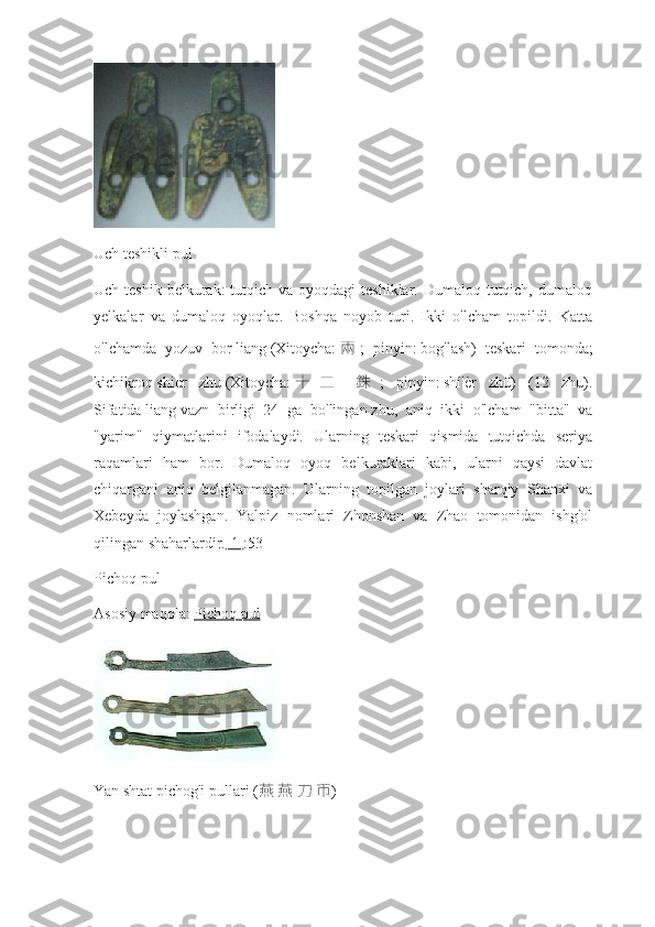 Uch teshikli pul
Uch teshik  belkurak:  tutqich va oyoqdagi  teshiklar.  Dumaloq tutqich,  dumaloq
yelkalar   va   dumaloq   oyoqlar.   Boshqa   noyob   turi.   Ikki   o'lcham   topildi.   Katta
o'lchamda   yozuv   bor   liang   (Xitoycha:   兩 ;   pinyin:   bog'lash)   teskari   tomonda;
kichikroq   shier   zhu   (Xitoycha:   十 二   銖 ;   pinyin:   shí'èr   zhū)   (12   zhu).
Sifatida   liang   vazn   birligi   24   ga   bo'lingan   zhu,   aniq   ikki   o'lcham   "bitta"   va
"yarim"   qiymatlarini   ifodalaydi.   Ularning   teskari   qismida   tutqichda   seriya
raqamlari   ham   bor.   Dumaloq   oyoq   belkuraklari   kabi,   ularni   qaysi   davlat
chiqargani   aniq   belgilanmagan.   Ularning   topilgan   joylari   sharqiy   Shanxi   va
Xebeyda   joylashgan.   Yalpiz   nomlari   Zhonshan   va   Zhao   tomonidan   ishg'ol
qilingan shaharlardir. [1] :53
Pichoq pul
Asosiy maqola:   Pichoq pul
Yan shtat pichog'i pullari ( 燕   燕   刀   币 ) 