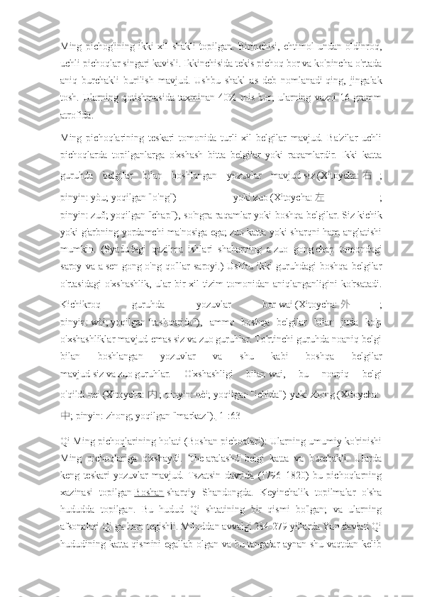 Ming   pichog'ining   ikki   xil   shakli   topilgan.   Birinchisi,   ehtimol   undan   oldinroq,
uchli pichoqlar singari kavisli. Ikkinchisida tekis pichoq bor va ko'pincha o'rtada
aniq   burchakli   burilish   mavjud.   Ushbu   shakl   as   deb   nomlanadi   qing,   jingalak
tosh.   Ularning   qotishmasida   taxminan   40%   mis   bor;   ularning   vazni   16   gramm
atrofida.
Ming   pichoqlarining   teskari   tomonida   turli   xil   belgilar   mavjud.   Ba'zilar   uchli
pichoqlarda   topilganlarga   o'xshash   bitta   belgilar   yoki   raqamlardir.   Ikki   katta
guruhda   belgilar   bilan   boshlangan   yozuvlar   mavjud   siz   (Xitoycha:   右 ;
pinyin:   yòu;   yoqilgan   "o'ng")   yoki   zuo   (Xitoycha:   左 ;
pinyin:   zuǒ;   yoqilgan   "chap"), so'ngra raqamlar yoki boshqa belgilar.   Siz   kichik
yoki g'arbning yordamchi ma'nosiga ega;   zuo   katta yoki sharqni ham anglatishi
mumkin.   (Syadudagi   qazilma   ishlari   shaharning   a   zuo   gong   chap   tomondagi
saroy   va   a   sen   gong   o'ng   qo'llar   saroyi.)   Ushbu   ikki   guruhdagi   boshqa   belgilar
o'rtasidagi   o'xshashlik,   ular   bir   xil   tizim   tomonidan   aniqlanganligini   ko'rsatadi.
Kichikroq   guruhda   yozuvlar   bor   wai   (Xitoycha:   外 ;
pinyin:   wài;   yoqilgan   "tashqarida"),   ammo   boshqa   belgilar   bilan   juda   ko'p
o'xshashliklar mavjud emas   siz   va   zuo   guruhlar. To'rtinchi guruhda noaniq belgi
bilan   boshlangan   yozuvlar   va   shu   kabi   boshqa   belgilar
mavjud   siz   va   zuo   guruhlar.   O'xshashligi   bilan   wai,   bu   noaniq   belgi
o'qildi   nei   (Xitoycha:   内 ;   pinyin:   nèi;   yoqilgan   "ichida")   yoki   zhong   (Xitoycha:  
中 ; pinyin:   zhōng;   yoqilgan   "markaz"). [1] :63
Qi Ming pichoqlarining holati (Boshan pichoqlari): Ularning umumiy ko'rinishi
Ming   pichoqlariga   o'xshaydi.   The   aralashdi   belgi   katta   va   burchakli.   Ularda
keng   teskari   yozuvlar   mavjud.   Tszatsin   davrida   (1796–1820)   bu   pichoqlarning
xazinasi   topilgan   Boshan   sharqiy   Shandongda.   Keyinchalik   topilmalar   o'sha
hududda   topilgan.   Bu   hudud   Qi   shtatining   bir   qismi   bo'lgan;   va   ularning
afsonalari Qi ga ham tegishli. Miloddan avvalgi 284-279 yillarda Yan davlati Qi
hududining katta qismini egallab olgan va bu tangalar aynan shu vaqtdan kelib 