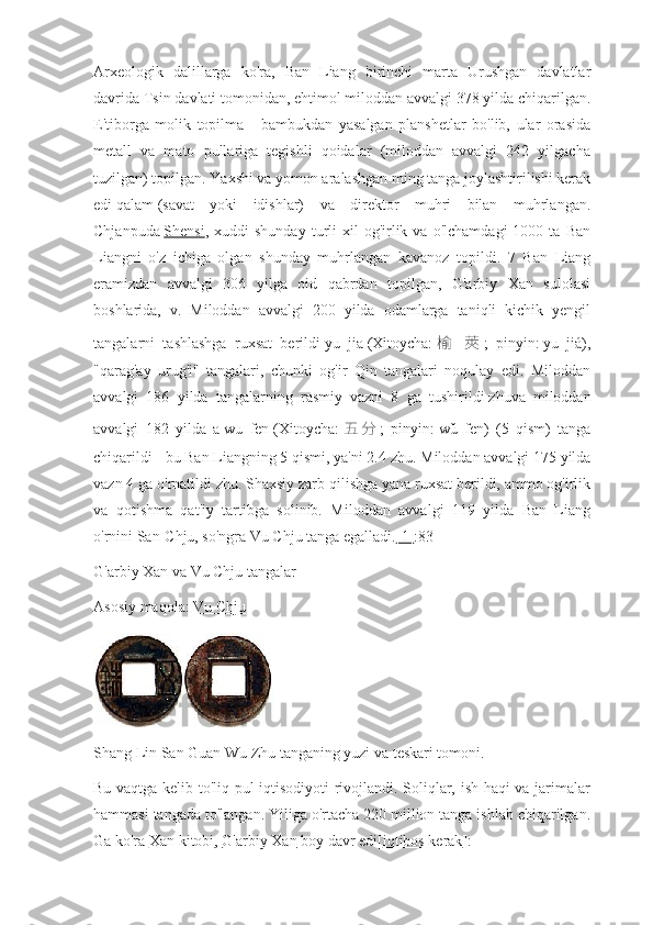 Arxeologik   dalillarga   ko'ra,   Ban   Liang   birinchi   marta   Urushgan   davlatlar
davrida Tsin davlati tomonidan, ehtimol miloddan avvalgi 378 yilda chiqarilgan.
E'tiborga   molik   topilma   -   bambukdan   yasalgan   planshetlar   bo'lib,   ular   orasida
metall   va   mato   pullariga   tegishli   qoidalar   (miloddan   avvalgi   242   yilgacha
tuzilgan) topilgan. Yaxshi va yomon aralashgan ming tanga joylashtirilishi kerak
edi   qalam   (savat   yoki   idishlar)   va   direktor   muhri   bilan   muhrlangan.
Chjanpuda   Shensi ,  xuddi   shunday  turli   xil   og'irlik  va  o'lchamdagi   1000  ta  Ban
Liangni   o'z   ichiga   olgan   shunday   muhrlangan   kavanoz   topildi.   7   Ban   Liang
eramizdan   avvalgi   306   yilga   oid   qabrdan   topilgan,   G'arbiy   Xan   sulolasi
boshlarida,   v.   Miloddan   avvalgi   200   yilda   odamlarga   taniqli   kichik   yengil
tangalarni   tashlashga   ruxsat   berildi   yu   jia   (Xitoycha:   榆   莢 ;   pinyin:   yu   jiá),
"qarag'ay   urug'i"   tangalari,   chunki   og'ir   Qin   tangalari   noqulay   edi.   Miloddan
avvalgi   186   yilda   tangalarning   rasmiy   vazni   8   ga   tushirildi   zhuva   miloddan
avvalgi   182   yilda   a   wu   fen   (Xitoycha:   五 分 ;   pinyin:   wǔ   fēn)   (5   qism)   tanga
chiqarildi - bu Ban Liangning 5 qismi, ya'ni 2.4   zhu. Miloddan avvalgi 175 yilda
vazn 4 ga o'rnatildi   zhu. Shaxsiy zarb qilishga yana ruxsat berildi, ammo og'irlik
va   qotishma   qat'iy   tartibga   solinib.   Miloddan   avvalgi   119   yilda   Ban   Liang
o'rnini San-Chju, so'ngra Vu Chju tanga egalladi. [1] :83
G'arbiy Xan va   Vu Chju   tangalar
Asosiy maqola:   Vu Chju
Shang Lin San Guan Wu Zhu tanganing yuzi va teskari tomoni.
Bu vaqtga kelib to'liq pul iqtisodiyoti rivojlandi. Soliqlar, ish haqi va jarimalar
hammasi tangada to'langan. Yiliga o'rtacha 220 million tanga ishlab chiqarilgan.
Ga ko'ra   Xan kitobi ,   G'arbiy Xan   boy davr edi[ iqtibos kerak ]: 