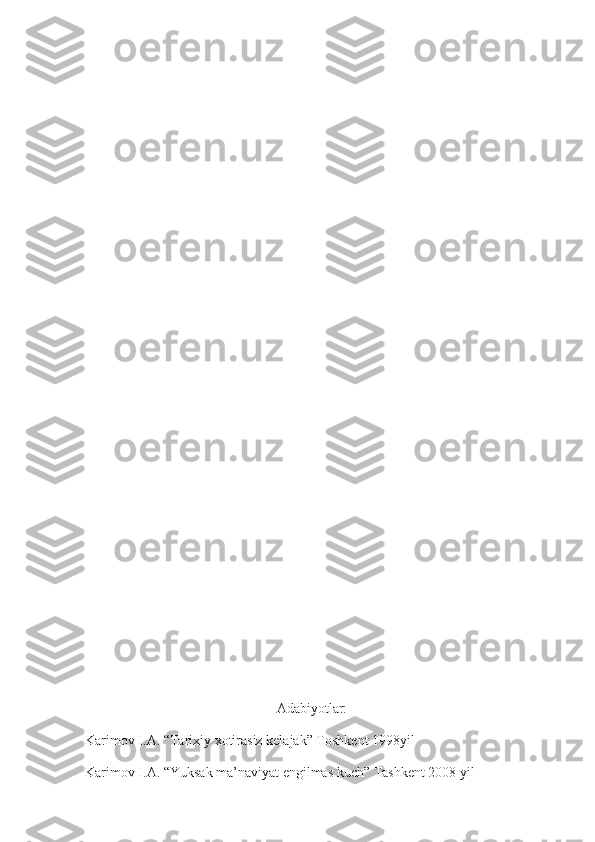 Adabiyotlar:
Karimov I.A. “Tarixiy xotirasiz kelajak” Toshkent 1998yil 
Karimov I.A. “Yuksak ma’naviyat engilmas kuch” Tashkent 2008 yil  