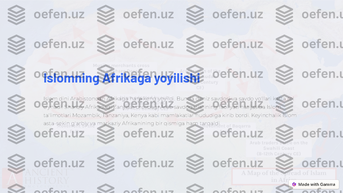 Islomning Afrikaga yoyilishi
Islom dini Arabistondan Afrikaga ham keng yoyildi. Bunda deniz savdosi va savdo yo'llari katta rol 
o'ynadi. Sharqiy Afrikadagi Zanjibar orolidagi Arab savdogarlarining faoliyati natijasida Islom 
ta'limotlari Mozambik, Tanzaniya, Kenya kabi mamlakatlar hududiga kirib bordi. Keyinchalik Islom 
asta-sekin g'arbiy va markaziy Afrikanining bir qismiga ham tarqaldi.  