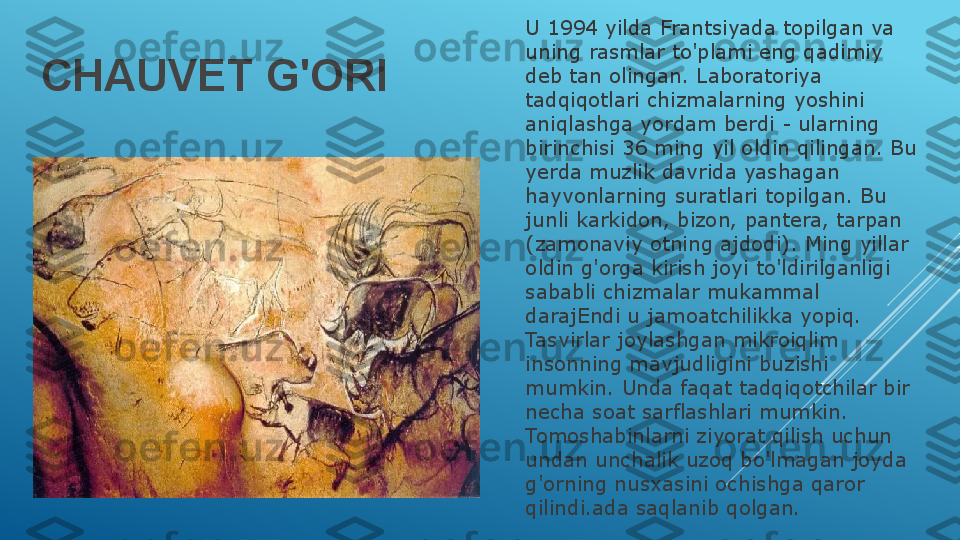 CHAUVET G'ORI U 1994 yilda Frantsiyada topilgan va 
uning rasmlar to'plami eng qadimiy 
deb tan olingan. Laboratoriya 
tadqiqotlari chizmalarning yoshini 
aniqlashga yordam berdi - ularning 
birinchisi 36 ming yil oldin qilingan. Bu 
yerda muzlik davrida yashagan 
hayvonlarning suratlari topilgan. Bu 
junli karkidon, bizon, pantera, tarpan 
(zamonaviy otning ajdodi). Ming yillar 
oldin g'orga kirish joyi to'ldirilganligi 
sababli chizmalar mukammal 
darajEndi u jamoatchilikka yopiq. 
Tasvirlar joylashgan mikroiqlim 
insonning mavjudligini buzishi 
mumkin. Unda faqat tadqiqotchilar bir 
necha soat sarflashlari mumkin. 
Tomoshabinlarni ziyorat qilish uchun 
undan unchalik uzoq bo'lmagan joyda 
g'orning nusxasini ochishga qaror 
qilindi.ada saqlanib qolgan. 