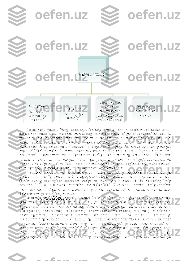 Eksperiment   metodi.   Yangi   psixologik   faktlarga   ega   bo`lishning   ob’ektiv   usullaridan   biri   -
eksperiment metodidir. U murakkab xarakterdagi psixik xodisalarni o`rganish uchun qo`llaniladi. Bu
metodning   afzalligi   shundaki,   tadqiqotchi   bu   metod   yordamida   o`rganayotgan   psixik   xodisani   o`zi
istagan   vaqtda   vujudga   keltiradi   va   uni   maxsus   asboblar   yordamida   alohida   xonada   o`rganadi.
Kuzatishdan   farqi,   eksperiment   o`tkazuvchi   sinalayotgan   faoliyatga   faol   aralashuvi,   sun’iy   vaziyat
paydo   qilinishi   mumkin.   Bu   metod   inson   psixikasini   chuqur,   aniq   tadqiq   qilinganda   eng   muhimi
hisoblanadi.   Eksperiment   metodi   yordamida   sun’iy   tushunchalarning   shakllanishi,   favqulodda
holatdan chiqish, muammoli vaziyatni hal qilingan jarayonlari, shaxsning his-tuyg`ulari, xarakteri va
tipologik   xususiyatlari   o`rganiladi.   Inson   psixikasining   nozik   ichki   bog`lanishlari,   munosabatlari,
qonuniyatlari, qonunlari, xossalari, murakkab mexanizmlari tekshiriladi. 
Eksperiment   metodining   ikkita   asosiy   turi   farqlanadi:   tabiiy   eksperiment   va   laboratoriya
eksperimenti .   Tabiiy   eksperiment   pedagogik-psixologik   masalalarni   hal   qilinganda   qo`llaniladi.
(Sinfda   sun’iy,   odatdagidan   boshqacha   vaziyat   va   muhit   yaratib   kuzatish).   Bu   metodning   ilmiy
asoslarini   1910   yilda   Aleksey   Fedorovich   Lazurskiy   (1874-1917)   ishlab   chiqqan.   Tabiiy   sharoitda
inson   psixikasini   o`rganishda   sinaluvchilarning   o`zlari   bexabar   bo`lishi,   kundalik   mehnat   tarzi
doirasida amalga oshirilishi, mumkin. 
Laboratoriya   (klinika)      metodi      ko`pincha   individual   (goxo   guruhiy)   shaklda   sinaluvchilardan
yashirmay,   maxsus   psixologik   asbob-uskunalar,   yo`l-yo`riqlar,   tavsiyalar,   ko`rsatma   va   ilovalardan
foydalanib olib boriladi. Inson psixikasidagi o`zgarishlarni aniqlaydigan detektorlar, elektron va radio
o`lchagichlar,   sekundomer,   refleksometr,   anomaloskop,   taxistaskop,   audometr,   esteziometr,
elektrotiogramma,   elektroense-falogramma   kabilardan   ham   foydalaniladi.   Laboratoriya
eksperimentining   xarakterli   belgisi   faqat   uning   laboratoriya   sharoitida   maxsus   psixologik   asboblar
yordamida   o`tkazishlarida   va   sinaluvchining   hatti   -   harakatlari   yo`l-yo`riqqa   binoan   sodir   bo`lishi
bilangina   emas,   balki   sinalayotganligini   biladigan   sinaluvchi   (garchi   odatda,   sinalayotgan   kishi
eksperimentning   mohiyati   nimadan   iboratligini,   konkret   nimani   va   nima   maqsadda   tadqiq
qilinganayotganligini   bilmasa   ham)   kishining   munosabati   bilan   ham   belgilanadi.   Laboratoriya Su h bat metodi
Salbiy jihati 
tadqiqotchi
t ergovchiga 
aylanadi Ijobiy jihati 
s amimiy ligi , 
erkin ligi Eksperimentda 
ani q lab 
b o’ lmaydigan 
jarayonlar  h a q ida 
ma’lumot beradi Tad q i q o t chini 
ta’siri b o’ lishi 
mumkin .
11 