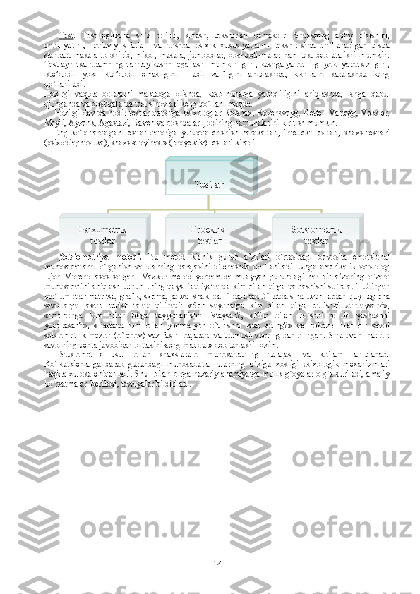 Test .   Test-inglizcha   so`z   bo`lib,   sinash,   tekshirish   demakdir.   Shaxsning   aqliy   o`sishini,
qobiliyatini,   irodaviy   sifatlari   va   boshqa   psixik   xususiyatlarini   tekshirishda   qo`llanadigan   qisqa
standart   masala-topshiriq,   misol,   masala,   jumboqlar,   boshqotirmalar   ham   test   deb   atalishi   mumkin.
Test ayniqsa odamning qanday kasbni egallashi mumkinligini, kasbga yaroqliligi yoki yaroqsizligini,
iste’dodli   yoki   iste’dodli   emasligini   -   aqli   zaifligini   aniqlashda,   kishilarni   saralashda   keng
qo`llaniladi. 
Hozirgi   vaqtda   bolalarni   maktabga   olishda,   kasb-hunarga   yaroqliligini   aniqlashda,   ishga   qabul
qilinganda va boshqalarda test sinovlari keng qo`llanilmoqda.
Hozirgi davrda nodir testlar qatoriga  psixologlar Rorshax, Rozensveyg, Kettel. Vartegg, Veksler,
Meyli, Ayzenk, Agastazi, Raven va boshqalar ijodining namunalarini kiritish mumkin. 
Eng   ko`p   tarqalgan   testlar   qatoriga   yutuqqa   erishish   harakatlari,   intellekt   testlari,   shaxs   testlari
(psixodiagnostika), shaxs «loyihasi» (proyektiv) testlari kiradi. 
Sotsiometriya   metodi .   Bu   metod   kichik   guruh   a’zolari   o`rtasidagi   bevosita   emotsional
munosabatlarni   o`rganish   va   ularning   darajasini   o`lchashda   qo`llaniladi.   Unga   amerikalik   sotsiolog
Djon   Moreno   asos   solgan.   Mazkur   metod   yordamida   muayyan   guruhdagi   har   bir   a’zoning   o`zaro
munosabatini aniqlash uchun uning qaysi faoliyatlarda kim bilan birga qatnashishi so`raladi. Olingan
ma’lumotlar matritsa, grafik, sxema, jadval shaklida ifodalanadi.Odatda sinaluvchilardan quyidagicha
savollarga   javob   berish   talab   qilinadi:   «Sen   sayohatga   kim   bilan   birga   borishni   xohlaysan?»,
«Imtihonga   kim   bilan   birga   tayyorlanishni   istaysan?,   «Kim   bilan   qo`shni   bo`lib   yashashni
yoqtirasan?»,   «Partada   kim   bilan   yonma-yon   o`tirishni   istar   eding?»   va   hokazo.   Har   bir   savol
sotsiometrik mezon (o`lchov) vazifasini bajaradi va turmush voqeligidan olingan. Sinaluvchi har bir
savolning uchta javobidan bittasini «eng maqbul» deb tanlashi lozim. 
Sotsiometrik   usul   bilan   shaxslararo   munosabatning   darajasi   va   ko`lami   aniqlanadi
Ko`rsatkichlarga   qarab   guruhdagi   munosabatlar   ularning   o`ziga   xosligi   psixologik   mexanizmlari
haqida xulosa chiqariladi. Shu   bilan birga nazariy ahamiyatga molik g`oyalar olg`a suriladi, amaliy
ko`rsatmalar  beriladi, tavsiyalar bildiriladi. Testlar
Psixometrik
testlar Proektiv 
testlar Sotsiometrik
testlar
14 