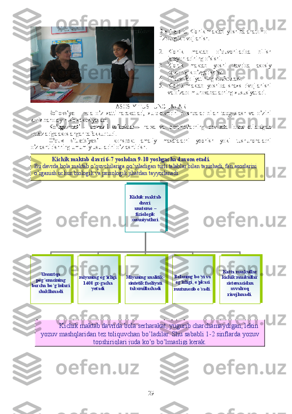 R e j a :   1.   Kichik maktab  yoshida anatomo  -
fiziologik rivojlanish.
2. Kichik   maktab   o’quvchilarida   bilish
jarayonlarining o’sishi.
3. Kichik   maktab   yoshi   davrida   asosiy
psixologik o’zgarishlar.
4. O’quv faoliyatining strukturasi.
5. Kichik   maktab   yoshida   shaxs   rivojlanishi
va o’zaro munosabatlarning xususiyatlari. 
ASOSIY TUSHUNCHALAR
Refleksiya   –   bola   o’z   xatti-harakatlari,   xulq-atvorini   boshqalar   bilan   taqqoslash   va   o’zini
xolis baholay olish xususiyatlari. 
Ko’rgazmali   –   obrazli   tafakkur   -   narsa   va   predmetlarning   bevosita   idrok   etiladigan
obrazlariga asoslangan tafakkur turi. 
O’quv   situatsiyasi   –   konspekt   amaliy   masalalarni   yechish   yoki   tushunchalarni
o’zlashtirishning umumiy usullarini o’zlashtirish. 
   Kichik maktab 
davri 
a natomo –
fiziologik 
xususiyatlari.
Umurtqa 
pog’onasining 
barcha bo’g’inlari 
shakllanadi miyaning og’irligi 
1400 gr-gacha 
yetadi Miyaning  analitik-
sintetik faoliyati 
takomillashadi Bolaning bo’yi va 
og’irligi, o’pkasi 
mutanosib o’sadi . Katta muskullar 
kichik muskullar 
sistemasidan 
avvalroq 
rivojlanadi .
29Kichik maktab davri 6-7 yoshdan 9-10 yoshgacha davom etadi.
Bu davrda bola maktab o’quvchilariga qo’yiladigan turli talablar bilan tanishadi, fan asoslarini 
o’rganish uchun biologik va psixologik jihatdan tayyorlanadi. 
Kichik maktab davri da bola  serharakat, yugurib charchamaydigan, lekin
yozuv mashqlaridan tez toliquvchan bo’ladilar. S h u sababli 1-2 sinflarda yozuv
topshiriqlari juda ko’p bo’lmasligi kerak. 