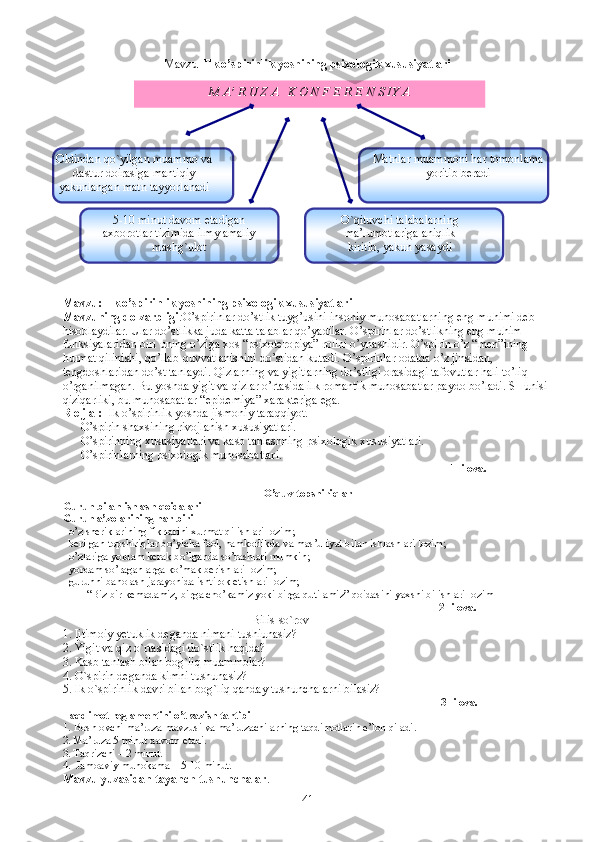 Mavzu   Ilk o’spirinlik yoshining psixologik xususiyatlari  
Mavzu: Ilk o’spirinlik yoshining psixologik xususiyatlari
Mavzuning dolzarbligi : O’spirinlar do’stlik tuyg’usini insoniy munosabatlarning eng muhimi deb 
hisoblaydilar. Ular do’stlikka juda katta talablar qo’yadilar. O’spirinlar do’stlikning eng muhim 
funksiyalaridan biri uning o’ziga xos “psixoteropiya” rolini o’ynashidir. O’spirin o’z “men”ining 
hurmat qilinishi, qo’llab-quvvatlanishini do’stidan kutadi. O’spirinlar odatda o’z jinsidan, 
tengdoshlaridan do’st tanlaydi. Qizlarning va yigitlarning do’stligi orasidagi tafovutlar hali to’liq 
o’rganilmagan. Bu yoshda yigit va qizlar o’rtasida ilk romantik munosabatlar paydo bo’ladi. SHunisi 
qiziqarliki, bu munosabatlar “epidemiya” xarakteriga ega.
R e j a :  Ilk o’spirinlik yoshda jismoniy taraqqiyot. 
O’spirin shaxsining rivojlanish xususiyatlari.
O’spirinning xususiyatlari va kasb tanlashning psixologik xususiyatlari.
O’spirinlarning psixologik munosabatlari.
                                                                                                            1- ilova.
O’quv topshiriqlar
Guruh bilan ishlash qoidalari
Guruh a’zolarining har biri
- o’z sheriklarining fikrlarini xurmat qilishlari lozim;
- berilgan topshiriqlar bo’yicha faol, hamkorlikda va mas’uliyat bilan ishlashlari lozim;
- o’zlariga yordam kerak bo’lganda so’rashlari mumkin;
- yordam so’raganlarga ko’mak berishlari lozim;
- guruhni baholash jarayonida ishtirok etishlari lozim;
- “Biz bir kemadamiz, birga cho’kamiz yoki birga qutilamiz” qoidasini yaxshi bilishlari lozim
                                                                                                                                          2- ilova. 
                                                                      Bilis-so`rov
1. Ijtimoiy yetuklik deganda nimani tushiunasiz?
2. Yigit va qiz o`rtasidagi do`stlik haqida?
3. Kasb tanlash bilan bog`liq muammolar?
4.  O`spirin deganda kimni tushunasiz?
5.Ilk o`spirinlik davri bilan bog`liq qanday tushunchalarni bilasiz?
                                                                                                                                    3- ilova.
Taqdimot   reglamentini   o’tkazish   tartibi
1.  Boshlovchi   ma’ruza   mavzusi   va   ma’ruzachilarning   taqdimotlarin   e’lon   qiladi .
2. Ma’ruza 5 minut davom etadi.
3. Taqrizchi – 2 minut.
4.    Jamoaviy muhokama – 5-10 minut.
Mavzu yuzasidan tayanch tushunchalar .
41M A’ R U Z A   K O N F E R E N S IY A 
Oldindan qo`yilgan muammo va
dastur doirasiga mantiqiy
yakunlangan matn tayyorlanadi 
5-10 minut davom etadigan
axborotlar tizimida ilmy amaliy
mashg`ulot  Matnlar muammoni har tomonlama
yoritib beradi 
O`qituvchi talabalarning
ma’lumotlariga aniqlik
kiritib, yakun yasaydi 