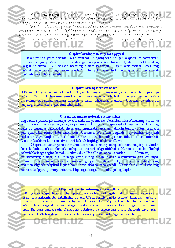 “ Men” – konsepsiya  – individning o’z shaxsi haqidagi nisbatan turg’un, anglangan, boshqalar
bilan   munosabatlarni   tashkil   etishga   asos   bo’ladigan   tasavvurlari.   U   o’spirinlik   davrida   turli,rang-
barang ko’rinishli va intensiv shakllanish davrini boshdan kechiradi. 
Do’stlik   – o’spirinlik  yoshida  intensiv rivojlanuvchi  mustahkam,  individual  tanlov asosidagi
shaxslararo   munosabatlardir.   O’spirinlarda   bu   hissiyot   o’zaro   “yozib   qo’yilmagan”   kodekslarga
asoslanadi. Do’stlikning barqarorligi esa qadriyatlar oriyontasiyasining bilimi bilan belgilanadi. 
Qiziqishlar   xaritasi   –   ye.A.Klimov   tomonidan   ishni   aniqlashga   qaratilgan   psixologik
metodika. 
42O`spirinlarning j ismoniy taraqqiyot i
  Ilk   o’spirinlik   yoshi   davrida   14-15   yoshdan   18   yoshgacha   bo’lgan   o’quvchilar   mansubdir.
Ularda   bo’yning   o’sishi   o’smirlik   davriga   qaraganda   sekinlashadi.   Qizlarda   16-17   yoshda,
o’g’il   bolalarda   17-18   yoshda   bo’yning   o’sishi   to’xtaydi.   O’spirnilarda   muskul   kuchining
o’sishi   katta   odamnikiga   yaqinlashadi.   Sportning   ko’pgina   turlarida   o’spirinik   davri   yuksak
natijalarga erishish davridir. 
O`spirinlarning i jtimoiy holati.
  O’spirin   16   yoshda   pasport   oladi.   18   yoshdan   saylash,   saylanish,   oila   qurish   huquqiga   ega
bo’ladi. O’spirinlik davrining yana bir muhim vazifasi – kasb tanlashdir. Bu yoshdagilar maktab
o’quvchisi   bo’lishdan   tashqari   kollejda   o’qishi,   ishlashlari   mumkin.   Ularning   ba’zilari   bir
vaqtning o’zida ham o’qib, ham ishlaydilar. 
O`spirinlarning psixologik xususiyatlari
E ng muhim psixologik xusuisyati – o’z ichki dunyosini kashf etadilar. Ular o’zlarining kuchli va
zaif tomonlarini anglaydilar, aqliy va jismoniy imkoniyatlarini qiyosiy baholay oladilar. Ularning
yana   bir   xususiyati   murakkab   shaxslararo   munosabatlarda   aks   etuvchi   burch   vijdon   hissi,   o’z
qadr-qimmatini   sezish   kabi   xislatlardir.   Umuman,   o’z-o’zini   anglash   -   quvonchli,   hayajonli
hodisadir.   Ayni   vaqtda   bu   his   dramatik   xavotirli   kechinmalarga   ham   sabab   bo’lishi   mumkin.
O’spirin kechinmalarida asosiy o’rinni kelajak haqidagi o’ylar egallaydi. 
O’spirnilar uchun yana bir muhim kechinma o’zining tashqi ko’rinishi haqidagi o’ylardir.
Juda   ko’pchilik   o’spirinlar   o’z   tashqi   ko’rinishini   o’zgartirishni   xohlagan   bo’ladilar.   Tashqi
ko’rinishlaridagi ozgina kamchilik ular uchun “fojia” darajasiga ko’tariladi.  Umuman,
refleksiyaning   o’sishi,   o’z   “men”iga   qiziqishning   ortishi   barcha   o’spirinlarga   xos   xususiyat.
Lekin   bu   kechinmalar   shaxs   rivojlanishining   qiyinchiliklari   bo’lib,   o’tkinchi   xarakterga   ega,
umuman   olganda   o’spirinlik   juda   baxtli   davr   sifatida   esda   qoladi.   O’spirinlarda   refleksiyaning
kechishi ko’pgina ijtimoiy, individual-tipologik,biografik omillarga bog’liqdir .
O’spirinlar aql-idrokining xususiyatlari.
  Bu   yoshda   o’quvchilarda   bilish   jarayonlari   kichik   yoshdagilar   kabi   intensiv   o’smasa-da,
lekin   mustahkamlanib,   stabillashib   boradi.   O’spirinlarda   barcha   faoliyat   turlarida   mustaqil
fikr   yurita   olmaslik   ularning   jiddiy   kamchiligidir.   Fan   o’qituvchilari   har   bir   predmetdan
o’spirinlarni   original   fikr   yuritishga   o’rgatishlari   zarur.   Tafakkur   bilan   birga   o’quvchining
nutq   faoliyati   ham   o’sadi.   O’spirinlik   qobiliyati   va   layoqatlari   o’qish   faoliyati   davomida
namoyon bo’la boshlaydi. O’spirinlarda maxsus qobiliyatlar ko’zga tashlanadi . 