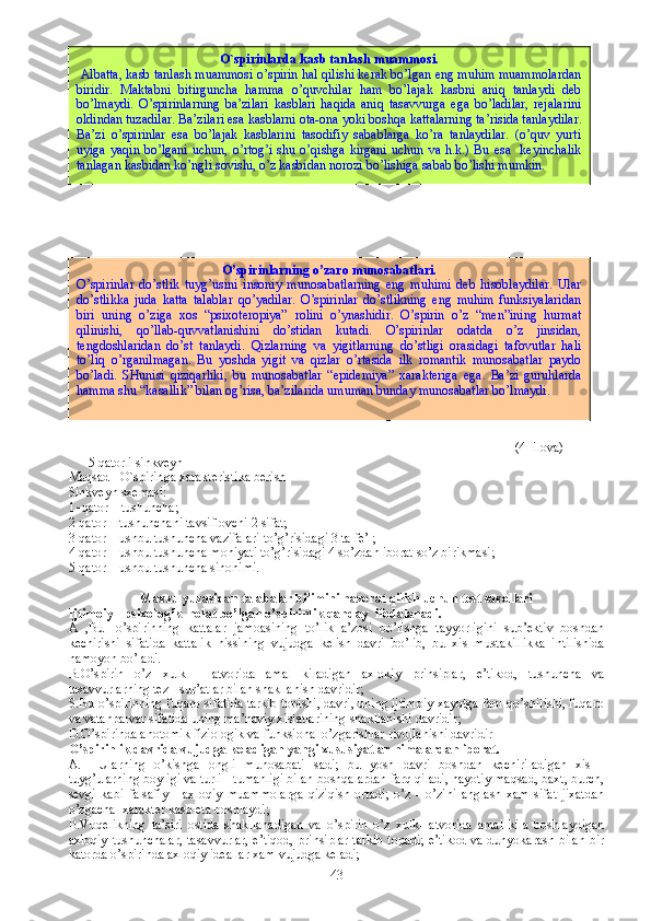  
                                                                                                                                        (4- ilova) 
5 qatorli sinkveyn
Maqsad – O`spirin ga xarakteristika berish
Sinkveyn sxemasi:
1–qator – tushuncha;
2-qator – tushunchani tavsiflovchi 2 sifat;
3-qator – ushbu tushuncha vazifalari to’g’risidagi 3 ta fe’l;
4-qator – ushbu tushuncha mohiyati to’g’risidagi 4 so’zdan iborat so’z birikmasi;
5-qator – ushbu tushuncha sinonimi. 
Mavzu yuzasidan talabalar bilimini nazorat qilish uchun test savollari
Ijtimoiy - psixologik  holat bo’lgan o’spirinlik qanday  ifodalanadi.
A   ,B u   -o’spirinning   kattalar   jamoasining   to’lik   a’zosi   bo’lishga   tayyorligini   sub’ektiv   boshdan
kechirishi   sifatida   kattalik   hissining   vujudga   kelish   davri   bo’lib,   bu   xis   mustakillikka   intilishida
namoyon bo’ladi. 
B. O’spirin   o’z   xulk   -   atvorida   amal   kiladigan   axlokiy   prinsiplar,   e’tikod,   tushuncha   va
tasavvurlarning tez - sur’atlar bilan shakllanish davridir;
S.B u o’spirinning fuqaro sifatida tarkib topishi, davri, uning ijtimoiy xayotga faol qo’shilishi, fuqaro
va vatanparvar sifatida uning ma’naviy xislatlarining shakllanishi davridir; 
D. O’spirinda anotomik fiziologik va funksional o’zgarishlar rivojlanishi davridir  
O’spirinlik davrida vujudga keladigan yangi xususiyatlar nimalardan iborat.
A.     U larning   o’kishga   ongli   munosabati   sadi;   bu   yosh   davri   boshdan   kechiriladigan   xis   -
tuyg’ularning boyligi va turli - tumanligi bilan boshqalardan farq qiladi, hayotiy maqsad, baxt, burch,
sevgi   kabi   falsafiy   -   axloqiy   muammolarga   qiziqish   ortadi;   o’z   -   o’zini   anglash   xam   sifat   jixatdan
o’zgacha  xarakter kasb eta boshlaydi;
B.V oqelikning   ta’siri   ostida   shakllanadigan   va   o’spirin   o’z   xulk-   atvorida   amal   kila   boshlaydigan
axloqiy tushunchalar, tasavvurlar, e’tiqod, prinsiplar tarkib topadi; e’tikod va dunyokarash bilan  bir
katorda o’spirinda axloqiy ideallar xam vujudga keladi;
43O`spirinlarda k asb tanlash muammosi.
 Albatta, kasb tanlash muammosi o’spirin hal qilishi kerak bo’lgan eng muhim muammolardan
biridir.   Maktabni   bitirguncha   hamma   o’quvchilar   ham   bo’lajak   kasbni   aniq   tanlaydi   deb
bo’lmaydi.   O’spirinlarning   ba’zilari   kasblari   haqida   aniq   tasavvurga   ega   bo’ladilar,   rejalarini
oldindan tuzadilar. Ba’zilari esa kasblarni ota-ona yoki boshqa  kattalarning  ta’risida tanlaydilar.
Ba’zi   o’spirinlar   esa   bo’lajak   kasblarini   tasodifiy   sabablarga   ko’ra   tanlaydilar.   (o’quv   yurti
uyiga  yaqin  bo’lgani  uchun,  o’rtog’i  shu o’qishga  kirgani   uchun va  h.k.)  Bu esa   keyinchalik
tanlagan kasbidan ko’ngli sovishi, o’z kasbidan norozi bo’lishiga sabab bo’lishi mumkin. 
O’spirinlarning o’zaro munosabatlari.
O’spirinlar   do’stlik   tuyg’usini   insoniy   munosabatlarning   eng   muhimi   deb   hisoblaydilar.   Ular
do’stlikka   juda   katta   talablar   qo’yadilar.   O’spirinlar   do’stlikning   eng   muhim   funksiyalaridan
biri   uning   o’ziga   xos   “psixoteropiya”   rolini   o’ynashidir.   O’spirin   o’z   “men”ining   hurmat
qilinishi,   qo’llab-quvvatlanishini   do’stidan   kutadi.   O’spirinlar   odatda   o’z   jinsidan,
tengdoshlaridan   do’st   tanlaydi.   Qizlarning   va   yigitlarning   do’stligi   orasidagi   tafovutlar   hali
to’liq   o’rganilmagan.   Bu   yoshda   yigit   va   qizlar   o’rtasida   ilk   romantik   munosabatlar   paydo
bo’ladi.   SHunisi   qiziqarliki,   bu   munosabatlar   “epidemiya”   xarakteriga   ega.   Ba’zi   guruhlarda
hamma shu “kasallik” bilan og’risa, ba’zilarida umuman bunday munosabatlar bo’lmaydi.  