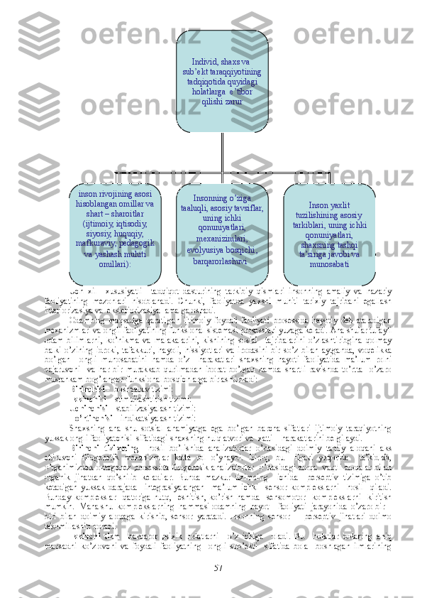 Uch   xil     xususiyatli     tadqiqot   dasturining   tarkibiy   qismlari   insonning   amaliy   va   nazariy
faoliyatining   mezonlari   hisoblanadi.   Chunki,   faoliyatda   yaxshi   muhiti   tarixiy   tajribani   egallash
interiorizasiya va  eksteriorizasiya  amalga oshadi.
Odamning   maqsadga   qaratilgan   ijtimoiy   foydali   faoliyati   prosessida   hayotiy   deb   ataladigan
mexanizmlari va ongli faoliyatining funksional sistemasi prosesslari yuzaga keladi. Ana shular tufayli
odam   bilimlarni,   ko’nikma   va   malakalarini,   kishining   sosial     tajribalarini   o’zlashtiribgina   qolmay
balki   o’zining   idroki,   tafakkuri,   hayoli,   hissiyotlari   va   irodasini   bir   so’z   bilan   aytganda,   voqelikka
bo’lgan     ongli   munosabatini   hamda   o’z     harakatlari   shaxsning   hayoti   faoliyatida   ma’lum   rolni
bajaruvchi     va   har   bir   murakkab   qurilmadan   iborat   bo’lgan   hamda   shartli   ravishda   to’rtta     o’zaro
mustahkam bog’langan funksional bosqichlarga birlashtiriladi:
Birinchisi  -  boshqaruv tizimi:
Ikkinchisi -   stimullashtirish tizimi:
Uchinchisi –  stabilizasiyalash tizimi:
To’rtinchisi –  indikatsiyalash tizimi:
Shaxsning   ana   shu   sotsial   ahamiyatga   ega   bo’lgan   barcha   sifatlari   ijtimoiy   taraqiyotning
yuksak ongli faoliyatchisi  sifatidagi shaxsning hulq atvori va  xatti – harakatlarini belgilaydi.
Birinchi   tizimning     hosil   bo’lishida   analizatorlar   o’rtasidagi   doimiy   tabiiy   aloqani   aks
ettiruvchi   filogenetik   mexanizmlar   katta   rol   o’ynaydi.   Biroq,   bu     ilgari   yuqorida     ta’kidlab,
o’tganimizdek ontogenez prosessida filogenetik analizatorlar   o’rtasidagi aloqa   vaqtli aloqalar bilan
organik   jihatdan   qo’shilib   keladilar.   Bunda   mazkur   tizimning     ichida     perseptiv   tizimiga   o’tib
ketadigan   yuksak   darajada     integrasiyalangan     ma’lum   ichki     sensor   komplekslarni     hosil     qiladi.
Bunday   komplekslar     qatoriga   nutq,     eshitish,   ko’rish   hamda     sensomotor     komplekslarni     kiritish
mumkin.  Mana shu  komplekslarning  hammasi odamning  hayot – faoliyati  jarayonida  o’zaro bir –
biri   bilan   doimiy   aloqaga   kirishib,   sensor   yaratadi.   Insonning   sensor   -     perseptiv   jihatlari   doimo
takomillashib boradi.
Ikkinchi   tizm     barqaror   psixik   holatlarni     o’z   ichiga     oladi.   Bu     holatlar   bolaning   aniq
maqsadni   ko’zlovchi   va   foydali   faoliyatning     ongli   sub’ekti     sifatida   bola     boshlagan   ilmlarining Individ, shaxs va  
sub’ekt taraqqiyotining 
tadqiqotida quyidagi 
holatlarga  e’tibor 
qilishi zarur
inson rivojining asosi 
hisoblangan omillar va 
shart – sharoitlar 
(ijtimoiy, iqtisodiy, 
siyosiy, huquqiy, 
mafkuraviy, pedagogik 
va   yashash muhiti 
omillari): Insonning o’ziga 
taaluqli, asosiy tavsiflar, 
uning ichki 
qonuniyatlari, 
mexanizimlari,  
evolyusiya bosqichi , 
barqarorlashuvi    Inson yaxlit 
tuzilishining asosiy  
tarkiblari, uning ichki 
qonuniyatlari, 
shaxsning tashqi 
ta’siriga javobi va 
munosabati
57 