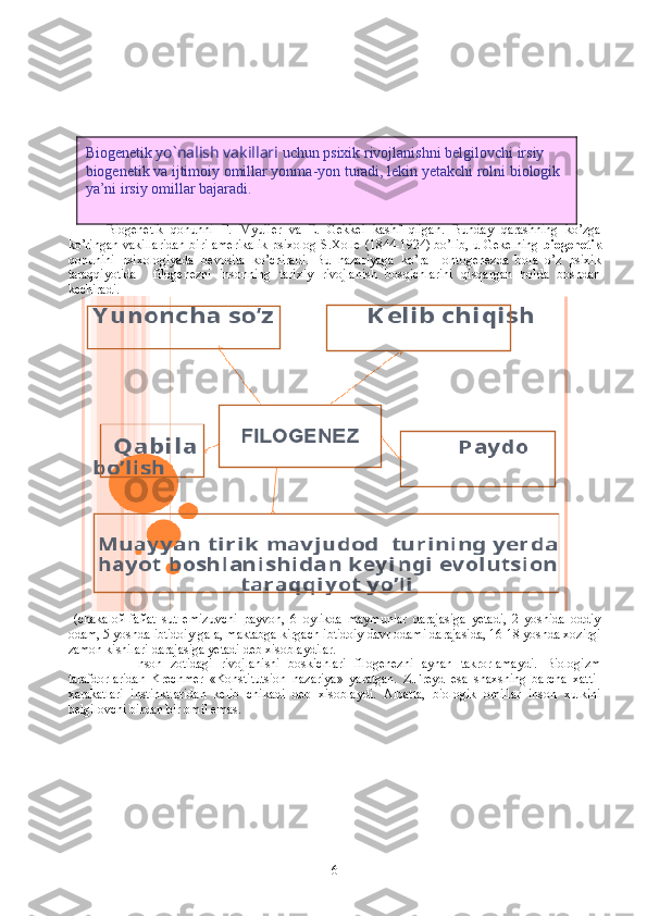 Biogenetik   qonunni   F.   Myuller   va   E.   Gekkel   kashf   qilgan.   Bunday   qarashning   ko’zga
ko’ringan vakillaridan biri amerikalik psixolog S.Xolle (1844-1924) bo’lib, u Gekelning   biogenetik
qonunini   psixologiyada   bevosita   ko’chiradi.   Bu   nazariyaga   ko’ra     ontogenezda   bola   o’z   psixik
taraqqiyotida     filogenezni   insonning   tarixiy   rivojlanish   bosqichlarini   qisqargan   holda   boshdan
kechiradi. 
  (chakaloй-faйat   sut   emizuvchi   рayvon,   6   oylikda   maymunlar   darajasiga   yetadi,   2   yoshida   oddiy
odam, 5 yoshda ibtidoiy gala, maktabga kirgach ibtidoiy davr odami darajasida, 16-18 yoshda xozirgi
zamon kishilari darajasiga yetadi deb xisoblaydilar. 
                Inson   zotidagi   rivojlanishi   boskichlari   filogenezni   aynan   takrorlamaydi.   Biologizm
tarafdorlaridan   Krechmer   «Konstitutsion   nazariya»   yaratgan.   Z.Freyd   esa   shaxsning   barcha   xatti-
xarakatlari   instinktlaridan   kelib   chikadi   deb   xisoblaydi.   Albatta,   biologik   omillar   inson   xulkini
belgilovchi birdan bir omil emas.
6Biogenetik y o`nalish vakillari  uchun psixik rivojlanishni belgilovchi irsiy 
biogenetik va ijtimoiy omillar yonma-yon turadi, lekin yetakchi rolni biologik 
ya’ni irsiy omillar bajaradi. 