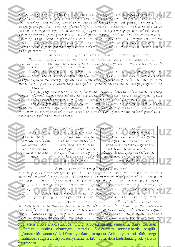 tarbiya   uning     ongsizlik   sferasiga     ta’sir   etishdir.   Bolalarga     ularni   tarbiyalaydiganlarga   hissiy
yaqinlik hos. Odatda  6 oylik  bolalar unga g’amxo’rolik qiladigan ota – onasiga bog’lanib qoladilar.
Ota – onaning oldida bo’lish,   ular bilan muloqotda bo’lish bolalarga   juda yoqadi, ularning yo’qligi
bolaga   yoqmaydi.   Ota   –   onaning     g’amxo’rligini   bildiradigan   so’zlar   hatti   –   harakatlar   bola   uchun
juda   katta   ahmiyatga   ega,   uni   erkalamaslik,   suymaslik   salbiy   ahamiyatga   ega   bo’ladi.   Xulq   -
atvorning dastlabki ijtimoiylashuvi xuddi shu  o’rganish jarayoni orqali  sodir bo’lishi mumkin: xulq -
atvorning   istalgan   shakllari   g’amxo’rlik   va   e’tibor   bilan     tag’dirlanadi,   kutilmagan   shakllari   esa
qo’llab - quvvatlanmaydi. Lekin, yaxshi xulq - atvolrni rag’batlantirish va yomon   xulq atvor uchun
jazolash   axloqiy   ijtimoiylashuvining   kichik   bir   qismidir.   Biz   ko’rib   chiqqan     xulq   -   atvor   hamma
bolalarga ham taluqli emas. 
Bolalarni tarbiyalash samaradorligini oshirishda  anana vam urf odatlarning roli katta. 
Xalq   urf   odatlari,   ananalari   va   marosimlari   katta   trabiyaviy     ahamiyatga   egadir.   Ular
odamlarni     bir   –   biriga     yaqinlashtiradi,   do’stlik   birodarlik   his   tuyg’ularini   rivojlantiradi.   Bular   o’z
navtaida yoshlar uchun ibrat namunasini o’taydi.
Mustaqil jamiyatning baxt – saodati yo’lida halol mehnat qilish: jamiyat boyligini saqlash  va
ko’paytirish  yo’lida   har bir  kishining  tinmay  g’amxo’rlik   qilishi,  ijtimoiy    burchni     yaxshi  anglash;
Jamiyat   xayotida   va   shaxsiy   hayotda   halollik   va   rostgo’ylik,   axloqiy     sofdillik,   odamiylilik   va
kamtarlik   milliy   va   irqiy     adovatlarga     aslo   yo’l   qo’ymaslik     va   shu   kabilar   tarbiya   jarayoninining
muhim hislatlaridir. 
Tarbiya   jarayonida   g’amxo’rlikning   funksiyasi   kattadir.   Boalalar   befarq   otana   oanalarga
nisbatan  g’amxo’r otana onaga ko’proq taqlid qiladilar. G’amxo’r ota – oanalar bolaning saliby xulq
atvoirini qo’llab quvatlamaganda  bola o’z hatti – harakatlarining oqibatini ertaroq anglaydi. 
Tarbiyaviy   jarayonni   amalga   oshirishda     g’amxo’rlik   bilan   bir   qatorda   yaxshi   ko’rishga
asoslangan   intizomga   rioya   qilish   zarurdir.   Bu   bola   bilan   doimiy   muloqotni   –   tushuntirishni,
muhokama qilishni agar bolaning xulq - atvori  shuni talab qilsa og’zaki tanbeh berishni yaxshi xulq -
atvor uchun taqdirlashni nazarda tutadi. 
Tarbiya jarayoning texnologiyasini  quyidagicha shar h lash mumkin:
Tarbilovchini alohida
takrorlanmasligini
individuallik  sifatida
tushunmoq lozim.
Uning ehtiyojlari
strukturasini aniqlash
kerak. Ijobiy emosiyalar vositasida
ijobiy xulq - atvor odatlari
shakllantirmoq kerak. Ong
ham, iroda ham motivlar
ierarxiyasini  shakillantira
olmaydi. Zotan, bir ehtiyojning
o’rnini faqat boshqa htiyojgina
egallshi mumkin. S h u ehtiyojlarni qondirish vositalari
bilan bolani qurollantirish tarbiya va
tarbiyachidan  muloqotni ham
hamdardlikni ham emas, aynan shu
vositalar bilan qurollantirishni
kutadi. Arastu aytganidek «Tarbiya
uch narsaga  ehtiyoj sezadi: istedod,
ilmga, mashqqa».
Mustaqillik sharoitida tarbiyaning asosiy  vazifalari
Konfutsiy     «Eskini   o’zlashtirgan   va   yangini     tushunishga   qodir     insongina     tarbiyachi   bo’la   oladi»
degan edi. Mustaqillikning dastlabki  yillaridanoq butun mamlakat    miqqiyosida ta’lim  – tarbiya ilm
fan     kasb   –   hunarga   o’rgatish   sohalarini   isloh   qilishga   nihoyatda     katta   zururat   sezila   boshladi.
Bugungi   kunda     tarbiya   jarayonida   ham     qator   o’zgarishlar   amalga   oshirilmoqda.   SHuni   ta’kidlash
lozimki,ma’rifat xalqimiz millatimiz qonidadir.   Ananaviy  sharqona  qarashga ko’ra, ma’rifatliliylik
faqat bilim va malaka emas, ayni paytda chuqur  ma’naviyatva go’zal axloq degani hamdir. 
Bir ijtimoiy jamiyatning ikkinchisiga lamashishi   shuningdek milliy mustaqillik va uning ne’matlari
republikamiz  fuqarolarida    tub  o’zgarishlarni    vujudga  keltirmoqda.  Milliy  tuyg’u,  qiyofa, xarakter,
tab, kuy, raqs, ma’naviyat,  qadriyat  hamda  ruhiyat ta’siri ostida   o’zining  tub mrohiyatini  aks ettira
boshladi.O’tmishning   boy   me’romi,   uning   ananalari   milliy   istiqlol   tufayli   o’z   egalariga   qaytarib
berildi.   Fuqarorlarning   ijtimoiy   ongi   asta   –   sekin   o’zgarib   borishi   natijasida   etnopsixologik
xususiyatlar   tiklana   boshladi.   Milliy   umubashariylik   xislatlari   o’rtasida     adolatlilik,   teng   xuquliylik
aloqalari o’rnatilmoqda.
6021   asrda   shaxs   shakllanishida,   uning   tarbiyalanganlik   darajasini   diniy,   xususan
«Hadis»   ilmining   ahamiyati   kattadir.   Shaxslararo   munosabatda   tenglik,
g’amxo’rlik, samimiylik. O’zaro yordam , sempatia. Antipatiya hamdardlik, sevgi
muhabbat singari milliy xususiyatlarni tarkib  toptirishda hadislarning roli yanada
ortmoqda. 