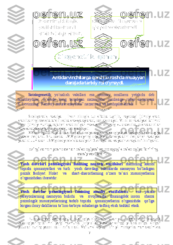 So t siogenetik   nazariya   –   inson   biologik   tur   sifatida   tug`ilib,   hayotdagi   ijtimoiy   shart-
sharoitlarning  bevosita  ta`siri  ostida shaxsga aylanadi,  deb hisoblaydi.  M: roller nazariyasi  ta`limoti
inson   ijtimoiy   muhitda   bajarishi   shart   bo`lgan   maxsus   roller   uning   xulq-atvorida,   boshqalar   bilan
munosabatida sezilarli iz qoldiradi, deb hisoblaydi.
XX asrning 20-30 yillaridan boshlab Rossiyada yosh psixologiyasi va pedagogik psixologiya
intensiv   rivojlandi.   Shu   davrda   L.V.Vigotskiyning   oliy   psixik   funksiyalarini   rivojlanish   nazariyasi
yaratildi. Jumladan L.S.Vigotskiy psixik taraqqiyotni 2 zonaga: real va yaqin zonaga bo’lib o’rgandi.
 
Hozirgi zamon yosh davrlar psixologiyasi va pedagogik psixologiya fanining
asosiy vazifalari.
Bu   boradi,   ayni   qsa   pedagoik     psixologiya   birmuncha     ulkan   yutuqlarga   erishdi.   Pedagogik
psixologiyaning   ta’limni     yangi   mazmunda     joriy   qilish   yuzasidan   so’nggi   yillarda   qo’lga     kiritgan
yutuqlari   buning   yaqqol   dalili   bo’la   oladi.   Ma’lumki   keyingi     o’n   yil   mobaynida   mamlakatimizda
7So t siogenetik   yo’nalish   vakillari   esa   ijtimoiy   omillarni   yetakchi   deb
hisoblaydilar.   G’arbda   keng   tarqalgan   nazariyalar   jumlasiga   rollar   nazariyasi
K.Levinning “Fazoviy zarurat maydoni” nazariyasi va boshqalar kiradi. 
Yosh   davrlari   psixologiyasi   fanining   nazariy   vazifalari   shaxsning   kamol
topishi   qonuniyatlari   va   turli     yosh   davrdagi   odamlarda   namayon   bo’ladigan
psixik   faoliyat.   Holat     va     shart-sharoitlarning   o’zaro   ta’siri   xususiyatlarini
o’rganishdan iboratdir.
Yosh   davrlar   psixologiyasi   fanining   amaliy   vazifalari ni     esa   psixik
jarayonlarning   namoyon   bulishi     va     rivojlanishi,   shuningdek   inson     shaxsi
psixologik   xususiyatlarining   tarkib   topishi     qonuniyatlarini   o’rganishda     qo’lga
kirgan ilmiy dalillarini ta’lim-tarbiya sohalariga tadbiq etish tashkil etadi.  