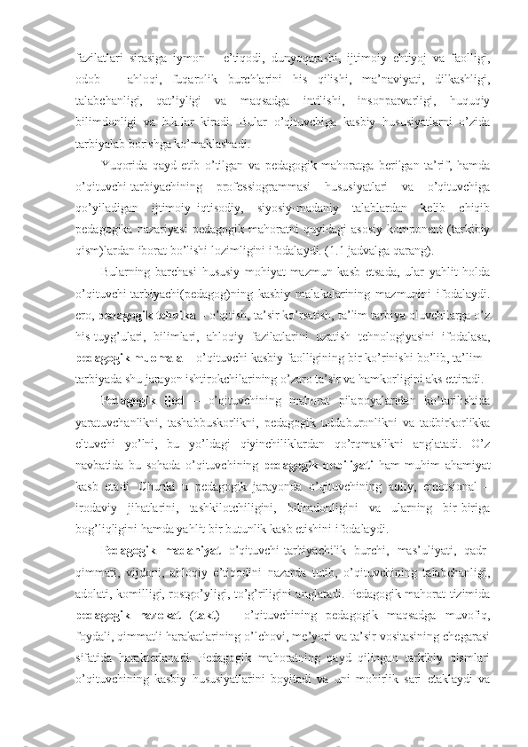 fazilatlari   sirasiga   iymon   –   e’tiqodi,   dunyoqarashi,   ijtimoiy   ehtiyoj   va   faolligi,
odob   –   ahloqi,   fuqarolik   burchlarini   his   qilishi,   ma’naviyati,   dilkashligi,
talabchanligi,   qat’iyligi   va   maqsadga   intilishi,   insonparvarligi,   huquqiy
bilimdonligi   va   h.k.lar   kiradi.   Bular   o’qituvchiga   kasbiy   hususiyatlarni   o’zida
tarbiyalab borishga ko’maklashadi. 
Yuqorida   qayd   etib   o’tilgan   va   pedagogik   mahoratga   berilgan   ta’rif,   hamda
o’qituvchi-tarbiyachining   professiogrammasi   hususiyatlari   va   o’qituvchiga
qo’yiladigan   ijtimoiy–iqtisodiy,   siyosiy-madaniy   talablardan   kelib   chiqib
pedagogika   nazariyasi   pedagogik   mahoratni   quyidagi   asosiy   komponent   (tarkibiy
qism)lardan iborat bo’lishi lozimligini ifodalaydi. (1.1 jadvalga qarang).
Bularning   barchasi   hususiy   mohiyat-mazmun   kasb   etsada,   ular   yahlit   holda
o’qituvchi-tarbiyachi(pedagog)ning   kasbiy   malakalarining   mazmunini   ifodalaydi.
ero,  pedagogik tehnika –  o’qitish, ta’sir ko’rsatish, ta’lim tarbiya oluvchilarga o’z
his-tuyg’ulari,   bilimlari,   ahloqiy   fazilatlarini   uzatish   tehnologiyasini   ifodalasa,
pedagogik muomala  – o’qituvchi kasbiy faolligining bir ko’rinishi bo’lib, ta’lim -
tarbiyada shu jarayon ishtirokchilarining o’zaro ta’sir va hamkorligini aks ettiradi. 
Pedagogik   ijod   –   o’qituvchining   mahorat   pilapoyalaridan   ko’tarilishida
yaratuvchanlikni,   tashabbuskorlikni,   pedagogik   uddaburonlikni   va   tadbirkorlikka
eltuvchi   yo’lni,   bu   yo’ldagi   qiyinchiliklardan   qo’rqmaslikni   anglatadi.   O’z
navbatida   bu   sohada   o’qituvchining   pedagogik   qobiliyati   ham   muhim   ahamiyat
kasb   etadi.   C h unki   u   pedagogik   jarayonda   o’qituvchining   aqliy,   emotsional   –
irodaviy   jihatlarini,   tashkilotchiligini,   bilimdonligini   va   ularning   bir-biriga
bog’liqligini hamda yahlit bir butunlik kasb etishini ifodalaydi. 
Pedagogik   madaniyat   o’qituvchi-tarbiyachilik   burchi,   mas’uliyati,   qadr-
qimmati,   vijdoni,   ahloqiy   e’tiqodini   nazarda   tutib,   o’qituvchining   talabchanligi,
adolati, komilligi, rostgo’yligi, to’g’riligini anglatadi. Pedagogik mahorat tizimida
pedagogik   nazokat   ( takt )   –   o’qituvchining   pedagogik   maqsadga   muvofiq,
foydali, qimmatli harakatlarining o’lchovi, me’yori va ta’sir vositasining chegarasi
sifatida   harakterlanadi.   Pedagogik   mahoratning   qayd   qilingan   tarkibiy   qismlari
o’qituvchining   kasbiy   hususiyatlarini   boyitadi   va   uni   mohirlik   sari   etaklaydi   va 