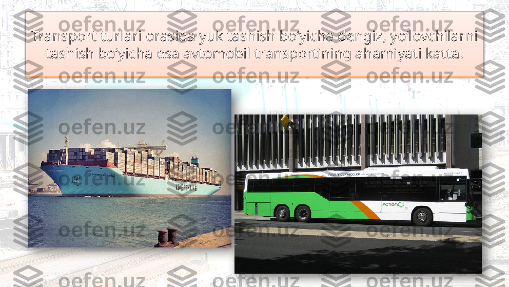 Transport turlari orasida yuk tashish bo‘yicha dengiz, yo‘lovchilarni 
tashish bo‘yicha esa avtomobil transportining ahamiyati katta.    