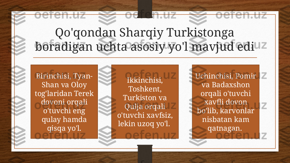 Qo'qondan Sharqiy Turkistonga 
boradigan uchta asosiy yo'l mavjud edi
Birinchisi, Tyan-
Shan va Oloy 
tog'laridan Terek 
dovoni orqali 
o'tuvchi eng 
qulay hamda 
qisqa yo'l. Ikkinchisi, 
Toshkent, 
Turkiston va 
Qulja orqali 
o'tuvchi xavfsiz, 
lekin uzoq yo'l.  Uchinchisi, Pomir 
va Badaxshon 
orqali o'tuvchi 
xavfli dovon 
bo'lib, karvonlar 
nisbatan kam 
qatnagan.  