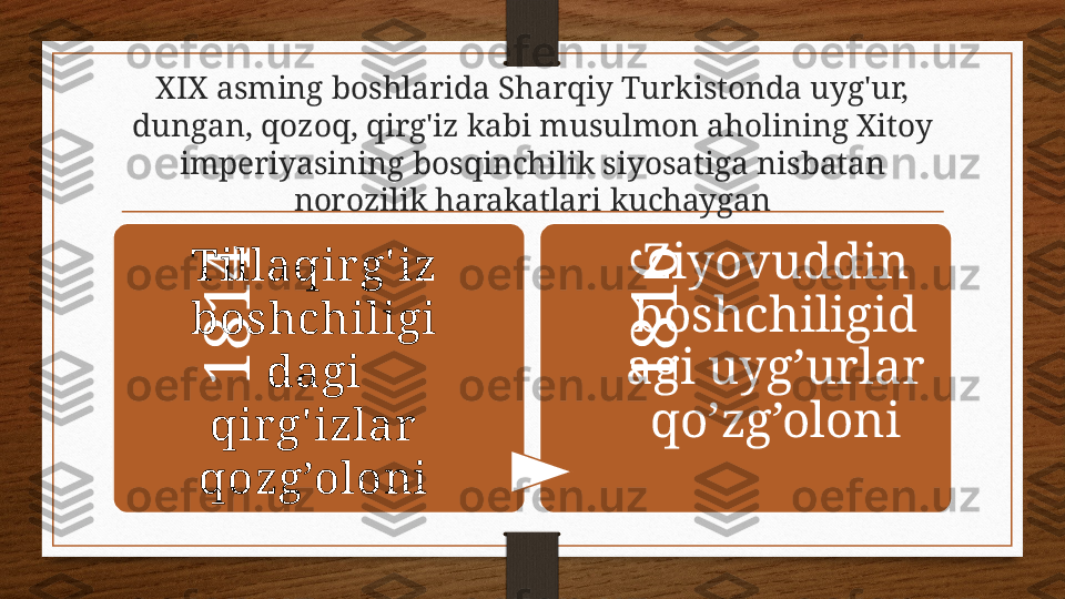 XIX asming boshlarida Sharqiy Turkistonda uyg'ur, 
dungan, qozoq, qirg'iz kabi musulmon aholining Xitoy 
imperiyasining bosqinchilik siyosatiga nisbatan 
norozilik harakatlari kuchaygan1
8
1
4	
1
8
1
6
Ziyovuddin 
boshchiligid
agi uyg’urlar 
qo’zg’oloniTillaqirg' iz 
boshchiligi
dagi 
qir g' izlar  
qozg’oloni 