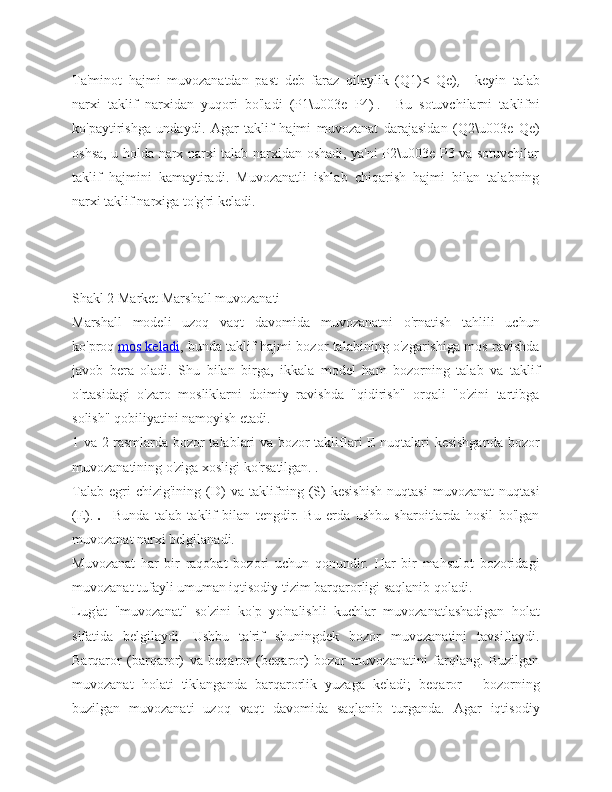 Ta'minot   hajmi   muvozanatdan   past   deb   faraz   qilaylik   (Q1)<   Qe) ,       keyin   talab
narxi   taklif   narxidan   yuqori   bo'ladi   (P1\u003e   P4)   .       Bu   sotuvchilarni   taklifni
ko'paytirishga   undaydi.   Agar   taklif   hajmi   muvozanat   darajasidan   (Q2\u003e   Qe)
oshsa, u holda narx narxi talab narxidan oshadi, ya'ni P2\u003e P3 va sotuvchilar
taklif   hajmini   kamaytiradi.   Muvozanatli   ishlab   chiqarish   hajmi   bilan   talabning
narxi taklif narxiga to'g'ri keladi.
Shakl 2 Market Marshall muvozanati
Marshall   modeli   uzoq   vaqt   davomida   muvozanatni   o'rnatish   tahlili   uchun
ko'proq   mos keladi , bunda taklif hajmi bozor talabining o'zgarishiga mos ravishda
javob   bera   oladi.   Shu   bilan   birga,   ikkala   model   ham   bozorning   talab   va   taklif
o'rtasidagi   o'zaro   mosliklarni   doimiy   ravishda   "qidirish"   orqali   "o'zini   tartibga
solish" qobiliyatini namoyish etadi.
1 va 2-rasmlarda bozor talablari va bozor takliflari E nuqtalari kesishganda bozor
muvozanatining o'ziga xosligi ko'rsatilgan.   .
Talab   egri   chizig'ining   (D)   va   taklifning   (S)   kesishish   nuqtasi   muvozanat   nuqtasi
(E).   .       Bunda   talab   taklif   bilan   tengdir.   Bu   erda   ushbu   sharoitlarda   hosil   bo'lgan
muvozanat narxi belgilanadi.
Muvozanat   har   bir   raqobat   bozori   uchun   qonundir.   Har   bir   mahsulot   bozoridagi
muvozanat tufayli umuman iqtisodiy tizim barqarorligi saqlanib qoladi.
Lug'at   "muvozanat"   so'zini   ko'p   yo'nalishli   kuchlar   muvozanatlashadigan   holat
sifatida   belgilaydi.   Ushbu   ta'rif   shuningdek   bozor   muvozanatini   tavsiflaydi.
Barqaror   (barqaror)   va   beqaror   (beqaror)   bozor   muvozanatini   farqlang.   Buzilgan
muvozanat   holati   tiklanganda   barqarorlik   yuzaga   keladi;   beqaror   -   bozorning
buzilgan   muvozanati   uzoq   vaqt   davomida   saqlanib   turganda.   Agar   iqtisodiy 