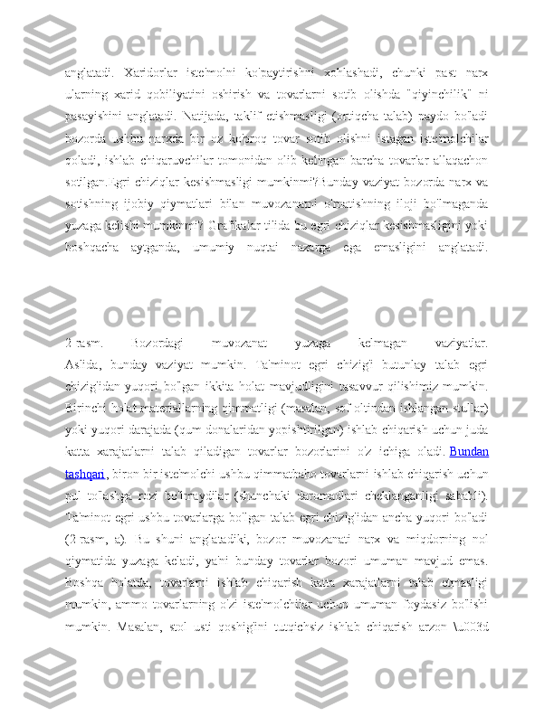 anglatadi.   Xaridorlar   iste'molni   ko'paytirishni   xohlashadi,   chunki   past   narx
ularning   xarid   qobiliyatini   oshirish   va   tovarlarni   sotib   olishda   "qiyinchilik"   ni
pasayishini   anglatadi.   Natijada,   taklif   etishmasligi   (ortiqcha   talab)   paydo   bo'ladi
bozorda   ushbu   narxda   bir   oz   ko'proq   tovar   sotib   olishni   istagan   iste'molchilar
qoladi,   ishlab   chiqaruvchilar   tomonidan   olib   kelingan   barcha   tovarlar   allaqachon
sotilgan.Egri   chiziqlar   kesishmasligi   mumkinmi?Bunday   vaziyat   bozorda   narx   va
sotishning   ijobiy   qiymatlari   bilan   muvozanatni   o'rnatishning   iloji   bo'lmaganda
yuzaga kelishi mumkinmi? Grafikalar tilida bu egri chiziqlar kesishmasligini yoki
boshqacha   aytganda,   umumiy   nuqtai   nazarga   ega   emasligini   anglatadi.
2-rasm.   Bozordagi   muvozanat   yuzaga   kelmagan   vaziyatlar.
Aslida,   bunday   vaziyat   mumkin.   Ta'minot   egri   chizig'i   butunlay   talab   egri
chizig'idan   yuqori   bo'lgan   ikkita   holat   mavjudligini   tasavvur   qilishimiz   mumkin.
Birinchi holat materiallarning qimmatligi (masalan, sof oltindan ishlangan stullar)
yoki yuqori darajada (qum donalaridan yopishtirilgan) ishlab chiqarish uchun juda
katta   xarajatlarni   talab   qiladigan   tovarlar   bozorlarini   o'z   ichiga   oladi.   Bundan
tashqari , biron bir iste'molchi ushbu qimmatbaho tovarlarni ishlab chiqarish uchun
pul   to'lashga   rozi   bo'lmaydilar   (shunchaki   daromadlari   cheklanganligi   sababli).
Ta'minot  egri ushbu tovarlarga bo'lgan talab egri  chizig'idan ancha yuqori  bo'ladi
(2-rasm,   a).   Bu   shuni   anglatadiki,   bozor   muvozanati   narx   va   miqdorning   nol
qiymatida   yuzaga   keladi,   ya'ni   bunday   tovarlar   bozori   umuman   mavjud   emas.
Boshqa   holatda,   tovarlarni   ishlab   chiqarish   katta   xarajatlarni   talab   etmasligi
mumkin,   ammo   tovarlarning   o'zi   iste'molchilar   uchun   umuman   foydasiz   bo'lishi
mumkin.   Masalan,   stol   usti   qoshig'ini   tutqichsiz   ishlab   chiqarish   arzon   \u003d 