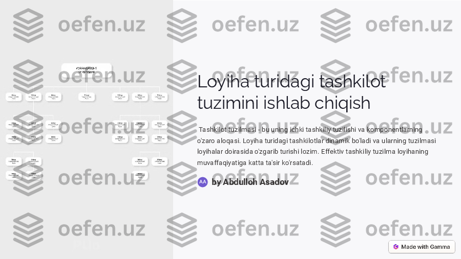 Loyiha turidagi tashkilot  tuzimini ishlab chiqish
 Tashkilot tuzilmasi - bu uning ichki tashkiliy tuzilishi va komponentlarning  
o'zaro aloqasi. Loyiha turidagi tashkilotlar dinamik bo'ladi va ularning tuzilmasi 
loyihalar doirasida o'zgarib turishi lozim. Effektiv tashkiliy tuzilma loyihaning 
muvaffaqiyatiga katta ta'sir ko'rsatadi.by Abdulloh Asadov
AA   