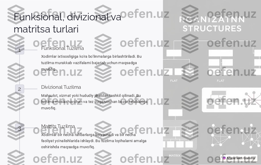 Funksional, divizional va  
matritsa turlari	
1Funksional Tuzilma 
Xodimlar ixtisosligiga ko'ra bo'linmalarga birlashtiriladi. Bu  
tuzilma murakkab vazifalarni bajarish uchun maqsadga 
muvofiq.
2 Divizional Tuzilma 
Mahsulot, xizmat yoki hududiy jihatdan tashkil qilinadi. Bu  
tuzilma moslashuvchan va tez o'zgaruvchan bozor talablariga 
muvofiq.
3 Matrits Tuzilma 
Xodimlar bir necha rahbarlarga bo'ysunadi va bir necha  
faoliyat yo'nalishlarida ishlaydi. Bu tuzilma loyihalarni amalga  
oshirishda maqsadga muvofiq.   