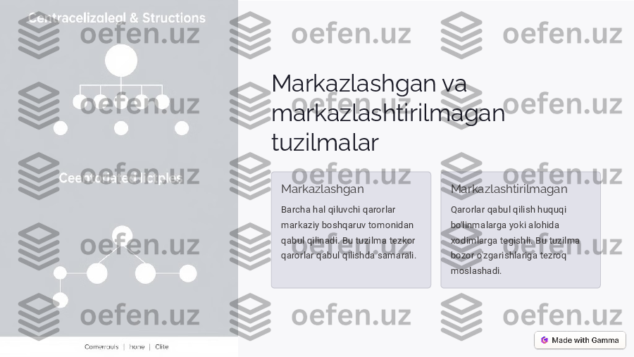 Markazlashgan va  
markazlashtirilmagan tuzilmalar	
Markazlashgan 
Barcha hal qiluvchi qarorlar  
markaziy boshqaruv tomonidan 
qabul qilinadi. Bu tuzilma tezkor 
qarorlar qabul qilishda samarali.	Markazlashtirilmagan 
Qarorlar qabul qilish huquqi  
bo'linmalarga yoki alohida 
xodimlarga tegishli. Bu tuzilma 
bozor o'zgarishlariga tezroq moslashadi.   