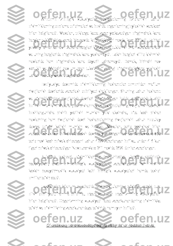 Anotomo-fiziologik   xususiyatlar   hasharotlarning   oziqlanishi   uchun
o‘simliklarning qoplama to‘qimalari va boshqa organlarning joylashish xarakteri
bilan   belgilanadi.   Masalan,   toklarga   katta   zarar   yetkazadigan   o‘rgimchak   kana
barglar  tuklanishiga   qarab   bir  navda  ko‘p,  ikkinchi   navda  kam  bo‘ladi.  Tabiati
yovvoyi amerika navi Izabella barglari kigizsimon tuklanish bilan xarakterlanadi
va uning barglarida o‘rgimchak kana yashamaydi. Lekin barglari silliq kishmish
navlarida   ham   o‘rgimchak   kana   deyarli   uchramaydi.   Demak,   birinchi   nav
sertukli   va   ikkinchi   nav   umuman   tuksiz   bo‘lganligi   o‘rgimchak   kana   yashashi
uchun noqulay sharoit tug‘dirar ekan.
Evolyusiya   davomida   o‘simliklarning   hasharotlar   tomonidan   ma’lum
rivojlanish davrlarida zararlash qobiliyati shakllangan.  Shuning uchun hasharot
va   o‘simliklarning   rivojlanish   davrlari   to‘g‘ri   kelgan   holda   zararlanish   kuchli
bo‘lishi mumkin. Masalan, tez pishar navlar hasharotlarning rivojlanish davrlari
boshlangunicha   pishib   yetilishi   mumkin   yoki   aksincha,   o‘ta   kech   pishar
navlarning   ham   rivojlanish   davri   hasharotlarning   rivojlanishi   uchun   noqulay
davrga   to‘g‘ri   kelishi   mumkin   va   hokazo.   Masalan,   tariq   pashshasi   bilan
zararlanish asosan ro‘vak chiqarish davrida yuz bergani uchun Saratovskoe 853
tariq navi kech ro‘vak chiqargani uchun 42% zararlangan bo‘lsa, undan 4-6 kun
ilgari ro‘vak chiqaradigan Novourenskoe 241 navida 26% donlar zararlangan.
Bulardan   tashqari,   o‘simliklarning   immunitetiga   ularning   antibiotik
reaksiyalari,   anatomo-morfologik   xususiyatlari,   zararlanganda   ham   hosilni
keskin   pasaytirmaslik   xususiyati   kabi   biologik   xususiyatlari   hamda   tashqi
omillar ta’sir etadi.
Hasharotlar   bilan   munosabatida   o‘simlik   ularning   ta’siriga   qarshi   tura
olish   qobiliyati,   hamma   to‘qima,   organ   va   butun   organizmning   xususiyatlari
bilan   belgilanadi.   Organizmning   xususiyati   faqat   zararkunandaning   o‘simlikka
ta’siri va o‘simlikning zararkunandaga ta’sirida namoyon bo‘ladi.
O‘simlikning zararkunandaga qarshi salbiy ta’sir (antibioz) etishi. 