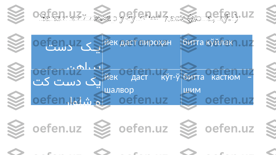 Баъзи кийимлар учун   تسد    даст  ( дона, қўл )
 
     تسد ک	ЕЕ	ی
نهاریپ йек даст пироҳан битта кўйлак
     	
تک ت	Еسد ک	Еی
 	
راولش و йек  даст  кўт-ў 
шалвор битта  кастюм  – 
шим 