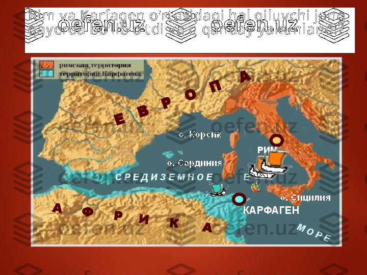 РИМ
КАРФАГЕНА	     Ф	     Р	    И	     К	      А	
Е	   В	   Р	   О	   П	    АС Р Е Д И З Е М Н О Е    МОРЕRim v a Karfagen o'rt asidagi hal qiluv chi jang 
qay erda bo'lib o't di v a u qanday  y ak unlandi?
о. Корсика
о. Сардиния	
  М	 О	 Р	 Е
о. Сицилия 