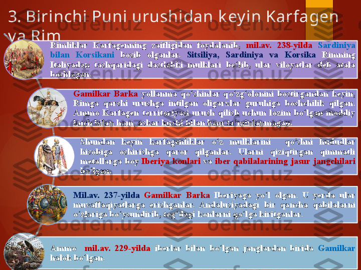 3. Birinchi Puni urushidan k ey in Karfagen 
v a Rim
Rimliklar  Karfagenning  zaifligidan  foydalanib,  mil.av.  238 - yilda  Sardiniya 
bilan  Korsikani   bosib  olganlar.  Sitsiliya,  Sardiniya  va  Korsika  Rimning 
Italiyadan  tashqaridagi  dastlabki  mulklari  bo‘lib,  ular  viloyatlar  deb  atala 
boshlagan. 
Gamilkar  Barka  yollanma  qo‘shinlar  qo‘zg‘olonini  bostirgandan  keyin , 
Rimga  qarshi  urushga  intilgan  oligarxlar  guruhiga  boshchilik  qilgan. 
Ammo  Karfagen  territoriyasi  urush  qilish  uchun  lozim  bo‘lgan  moddiy 
kuch bilan ham,  askar  kuchi bilan ham ta’minlanmagan. 
Shundan  keyin  karfagenliklar  o‘z  mulklarini    qo’shni  hududlar 
hisobiga  oshirishga  qaror  qilganlar.  Ularni  qiziqtirgan  qimmatli 
metallarga  boy  Iberiya  konlari  va  iber  qabilalarining  jasur  jangch i lari 
bo‘lgan. 
Mil.av.  237 - yilda  Gamilkar  Barka  Iberiyaga  yo‘l  olgan.  U  yerda  ular 
muvaffaqiyatlarga  erishganlar.  Andalu s iyadagi  bir  qa n cha  qabilalarni 
o‘zlariga bo‘ysundirib, tog‘dagi konlarni qo‘l ga  kiritganlar. 
Ammo    mil.av.  229 - yilda  iberlar  bil an   bo‘lgan  janglardan  birida   Gamilkar 
halok   bo‘lgan.        