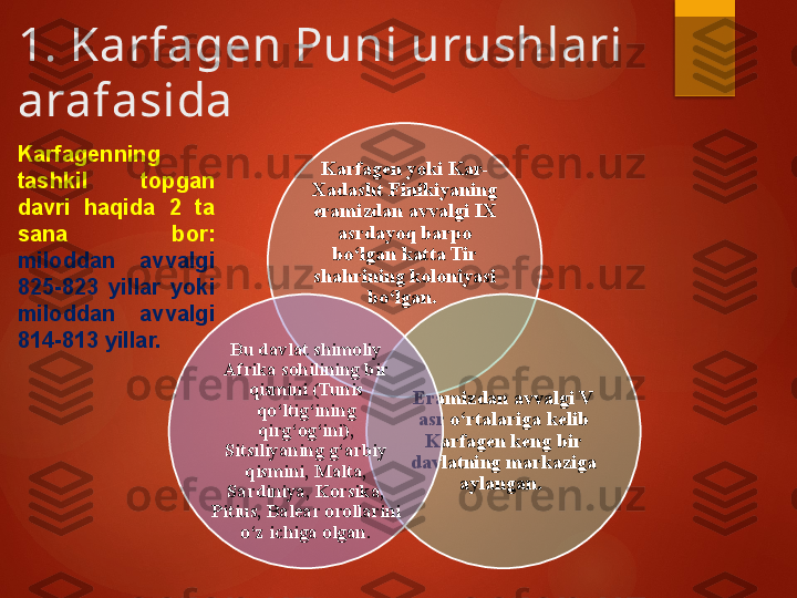 1. Karfagen Puni urushlari 
arafasida
Karfagen yoki Kar-
Xadasht Finikiyaning 
eramizdan avvalgi IX 
asrdayoq barpo 
bo‘lgan katta Tir 
shahrining koloniyasi 
bo‘lgan. 
Eramizdan avvalgi V 
asr o‘rtalariga kelib 
Karfagen keng bir 
davlatning markaziga 
aylangan. Bu davlat shimoliy 
Afrika sohilining bir 
qismini (Tunis 
qo‘ltig‘ining 
qirg‘og‘ini), 
Sitsiliyaning g‘arbiy 
qismini, Malta, 
Sardiniya, Korsika, 
Pitius, Balear orollarini 
o‘z ichiga olgan.Karfagenning 
tashkil  topgan 
davri  haqida  2  ta 
sana  bor: 
miloddan  avvalgi 
825-823  yillar  yoki 
miloddan  avvalgi 
814-813 yillar.           