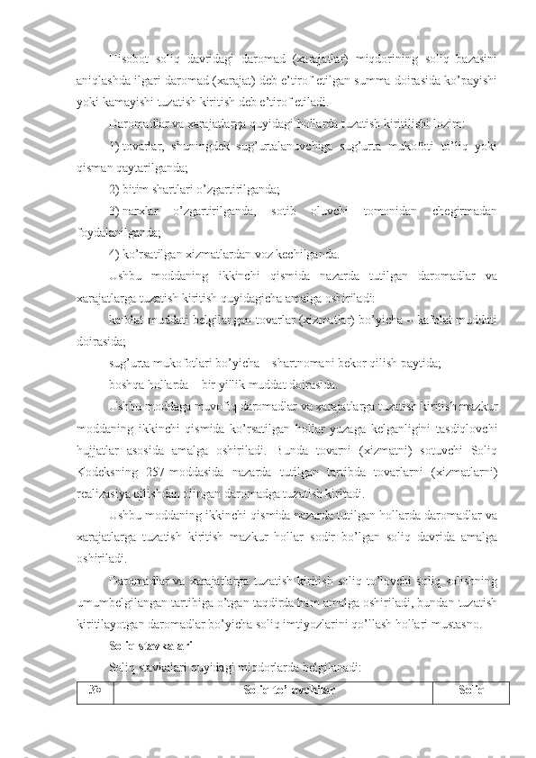 Hisobot   soliq   davridagi   daromad   (xarajatlar)   miqdorining   soliq   bazasini
aniqlashda ilgari daromad (xarajat) deb e’tirof etilgan summa doirasida ko’payishi
yoki kamayishi tuzatish kiritish deb e’tirof etiladi.
Daromadlar va xarajatlarga quyidagi hollarda tuzatish kiritilishi lozim:
1)   tovarlar,   shuningdek   sug’urtalanuvchiga   sug’urta   mukofoti   to’liq   yoki
qisman qaytarilganda;
2)   bitim shartlari o’zgartirilganda;
3)   narxlar   o’zgartirilganda,   sotib   oluvchi   tomonidan   chegirmadan
foydalanilganda;
4) ko’rsatilgan xizmatlardan voz kechilganda.
Ushbu   moddaning   ikkinchi   qismida   nazarda   tutilgan   daromadlar   va
xarajatlarga tuzatish kiritish quyidagicha amalga oshiriladi:
kafolat muddati belgilangan tovarlar (xizmatlar) bo’yicha – kafolat muddati
doirasida;
sug’urta mukofotlari bo’yicha – shartnomani bekor qilish paytida;
boshqa hollarda – bir yillik muddat doirasida.
Ushbu moddaga muvofiq daromadlar va xarajatlarga tuzatish kiritish mazkur
moddaning   ikkinchi   qismida   ko’rsatilgan   hollar   yuzaga   kelganligini   tasdiqlovchi
hujjatlar   asosida   amalga   oshiriladi.   Bunda   tovarni   (xizmatni)   sotuvchi   Soliq
Kodeksning   257-moddasida   nazarda   tutilgan   tartibda   tovarlarni   (xizmatlarni)
realizasiya qilishdan olingan daromadga tuzatish kiritadi. 
Ushbu moddaning ikkinchi qismida nazarda tutilgan hollarda daromadlar va
xarajatlarga   tuzatish   kiritish   mazkur   hollar   sodir   bo’lgan   soliq   davrida   amalga
oshiriladi.
Daromadlar  va   xarajatlarga  tuzatish   kiritish   soliq  to’lovchi  soliq   solishning
umumbelgilangan tartibiga o’tgan taqdirda ham amalga oshiriladi, bundan tuzatish
kiritilayotgan daromadlar bo’yicha soliq imtiyozlarini qo’llash hollari mustasno.
Soliq stavkalari
Soliq stavkalari quyidagi miqdorlarda belgilanadi:
№ Soliq to’lovchilar Soliq 