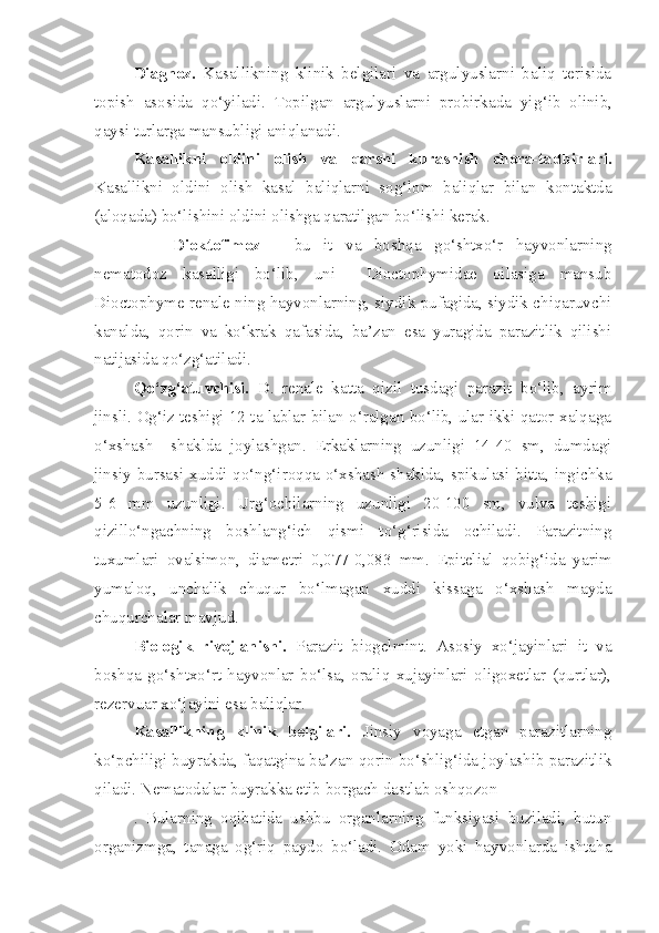 Diag n oz.   Kasallikning   klinik   belgilari   va   argulyuslarni   baliq   terisida
topish   asosida   qo‘ yiladi.   Topilgan   argulyuslarni   probirkada   yi g‘ ib   olinib,
q aysi turlarga mansubligi ani q lanadi.
K asallikni   oldini   olish   va   q arshi   kurashish   chora-tadbirla ri.
Kasallikni   oldini   olish   kasal   baliqlarni   sog‘lom   baliqlar   bilan   kontaktda
(aloqada) bo‘lishini oldini olishga qaratilgan bo‘lishi kerak. 
Dioktofimoz   –   bu   it   va   boshqa   go‘shtxo‘r   hayvonlarning
nematodoz   kasalligi   bo‘lib,   uni     Dioctophymidae   oilasiga   mansub
Dioctophyme renale ning hayvonlarning, siydik pufagida, siydik chiqaruvchi
kanalda,   qorin   va   ko‘krak   qafasida,   ba’zan   esa   yuragida   parazitlik   qilishi
natijasida qo‘zg‘atiladi.
Qo‘zg‘atuvchisi.   D.   renale   katta   qizil   tusdagi   parazit   bo‘lib,   ayrim
jinsli. Og‘iz teshigi 12 ta lablar bilan o‘ralgan bo‘lib, ular ikki qator xalqaga
o‘xshash     shaklda   joylashgan.   Erkaklarning   uzunligi   14-40   sm,   dumdagi
jinsiy bursasi xuddi qo‘ng‘iroqqa o‘xshash  shaklda, spikulasi bitta, ingichka
5-6   mm   uzunligi.   Urg‘ochilarning   uzunligi   20-100   sm,   vulva   teshigi
qizillo‘ngachning   boshlang‘ich   qismi   to‘g‘risida   ochiladi.   Parazitning
tuxumlari   ovalsimon,   diametri   0,077-0,083   mm.   Epitelial   qobig‘ida   yarim
yumaloq,   unchalik   chuqur   bo‘lmagan   xuddi   kissaga   o‘xshash   mayda
chuqurchalar mavjud. 
Biologik   rivojlanishi.   Parazit   biogelmint.   Asosiy   xo‘jayinlari   it   va
boshqa   go‘shtxo‘rt   hayvonlar   bo‘lsa,   oraliq   xujayinlari   oligoxetlar   (qurtlar),
rezervuar xo‘jayini esa baliqlar.
K asallikning   klinik   belgilari.   Jinsiy   voyaga   etgan   parazitlarning
ko‘pchiligi buyrakda, faqatgina ba’zan qorin bo‘shlig‘ida joylashib parazitlik
qiladi. Nematodalar buyrakka etib borgach dastlab oshqozon  
.   Bularning   oqibatida   ushbu   organlarning   funksiyasi   buziladi,   butun
organizmga,   tanaga   og‘riq   paydo   bo‘ladi.   Odam   yoki   hayvonlarda   ishtaha 