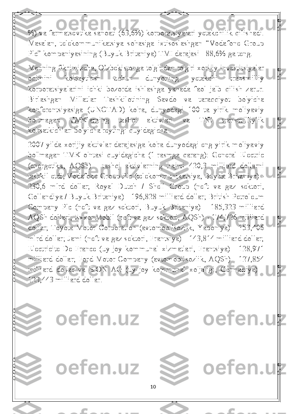 %) va farmatsevtika sanoati (63,6%) korporatsiyalari yetakchilik qilishadi.
Masalan,   telekommunikatsiya   sohasiga   ixtisoslashgan   “Vodafone   Group
Plc” kompaniyasining (Buyuk Britaniya) TMI darajasi - 88,6% ga teng. 
Menning fikrimizcha, O’zbekistonga to'g'ridan-to'g'ri xorijiy investitsiyalar
oqimini   ko'paytirish   uchun   dunyoning   yetakchi   transmilliy
korporatsiyalarini   ichki   bozorda   ishlashga   yanada   faol   jalb   qilish   zarur.
Birlashgan   Millatlar   Tashkilotining   Savdo   va   taraqqiyot   bo'yicha
konferentsiyasiga   (UNCTAD)   ko'ra,   dunyodagi   100   ta   yirik   moliyaviy
bo'lmagan   TMKlarning   tashqi   aktivlari   va   TNI   transmilliylik
ko'rsatkichlari bo'yicha reytingi quyidagicha .
2007 yilda xorijiy aktivlar darajasiga ko'ra dunyodagi eng yirik moliyaviy
bo'lmagan   TMK   o'ntasi   quyidagicha   (1-rasmga   qarang):   General   Electric
(energetika,   AQSh)   -   tashqi   aktivlarning   hajmi   420,3   milliard   dollarni
tashkil etdi; Vodafone Group Plc (telekommunikatsiya, Buyuk Britaniya) -
230,6   mlrd   dollar;   Royal   Dutch   /   Shell   Group   (neft   va   gaz   sektori,
Gollandiya / Buyuk Britaniya) - 196,828 milliard dollar; British Petroleum
Company   Plc   (neft   va   gaz   sektori,   Buyuk   Britaniya)   -   185,323   milliard
AQSh dollari; ExxonMobil (neft va gaz sektori, AQSh) - 174,726 milliard
dollar;   Toyota  Motor   Corporation   (avtomobilsozlik,   Yaponiya)   -  153,406
mlrd dollar; Jami (neft va gaz sektori, Frantsiya) - 143,814 milliard dollar;
Electricite   De   France   (uy-joy   kommunal   xizmatlari,   Frantsiya)   -   128,971
milliard dollar; Ford Motor Company (avtomobilsozlik, AQSh) - 127,854
milliard   dollar   va   E.ON   AG   (uy-joy   kommunal   xo'jaligi,   Germaniya)   -
123,443 milliard dollar.
10 