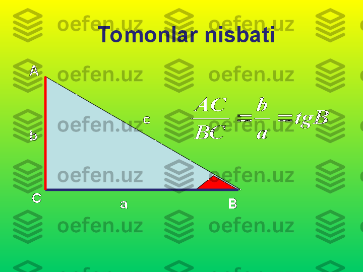 Tomonlar nisbati
А
С
Вb c
atgB	
а
b	
ВС
АС	
	 