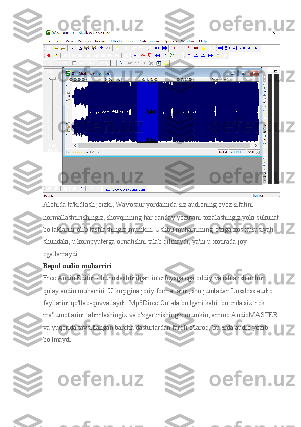 Alohida ta'kidlash joizki, Wavosaur yordamida siz audioning ovoz sifatini 
normallashtirishingiz, shovqinning har qanday yozuvini tozalashingiz yoki sukunat
bo'laklarini olib tashlashingiz mumkin. Ushbu muharrirning o'ziga xos xususiyati 
shundaki, u kompyuterga o'rnatishni talab qilmaydi, ya'ni u xotirada joy 
egallamaydi.
Bepul audio muharriri
Free Audio Editor - bu ruslashtirilgan interfeysga ega oddiy va ishlatish uchun 
qulay audio muharriri. U ko'pgina joriy formatlarni, shu jumladan Lossless audio 
fayllarini qo'llab-quvvatlaydi. Mp3DirectCut-da bo'lgani kabi, bu erda siz trek 
ma'lumotlarini tahrirlashingiz va o'zgartirishingiz mumkin, ammo AudioMASTER
va yuqorida tavsiflangan barcha dasturlardan farqli o'laroq, bu erda audio yozib 
bo'lmaydi. 