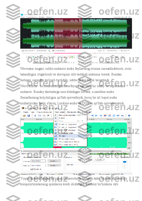 Wavosaur singari, ushbu muharrir audio fayllarning ovozini normallashtirish, ovoz
balandligini o'zgartirish va shovqinni olib tashlash imkonini beradi. Bundan 
tashqari, nomidan ko'rinib turibdiki, ushbu dastur bepul tarqatiladi.
Wave Editor - bu ruslashtirilgan interfeysga ega yana bir oddiy va bepul audio 
muharrir. Bunday dasturlarga mos keladigan bo'lsak, u mashhur audio 
formatlarning ko'pchiligini qo'llab-quvvatlaydi, biroq bir xil bepul audio 
muharriridan farqli o'laroq, Lossless-audio va OGG-ni qo'llab-quvvatlamaydi.
Yuqorida tavsiflangan ko'pgina muharrirlarda bo'lgani kabi, bu erda siz musiqiy 
kompozitsiyalarning qismlarini kesib olishingiz, keraksiz bo'limlarni olib  