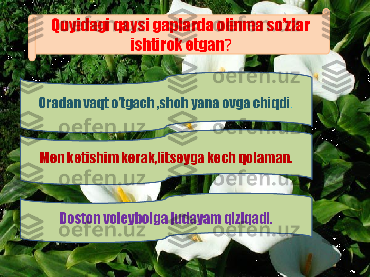 Quyidagi qaysi gaplarda olinma so’zlar 
ishtirok etgan ?
Oradan vaqt o’tgach ,shoh yana ovga chiqdi .
Men ketishim kerak,litseyga kech qolaman.
Doston voleybolga judayam qiziqadi. 