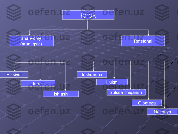 Idrok
shahvoniy
(mantiqsiz) Ratsional
Hissiyot
Idrok
Ishlash tushuncha
Hukm
xulosa chiqarish
Gipoteza
Nazariya 