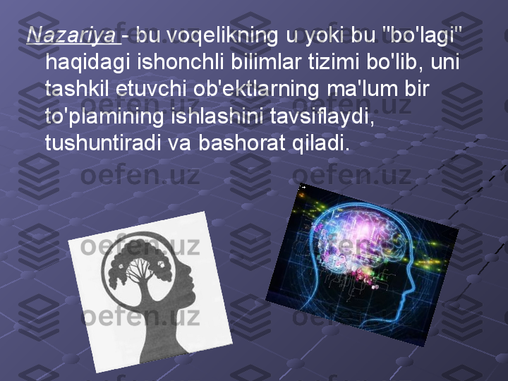 Nazariya  - bu voqelikning u yoki bu "bo'lagi" 
haqidagi ishonchli bilimlar tizimi bo'lib, uni 
tashkil etuvchi ob'ektlarning ma'lum bir 
to'plamining ishlashini tavsiflaydi, 
tushuntiradi va bashorat qiladi. 