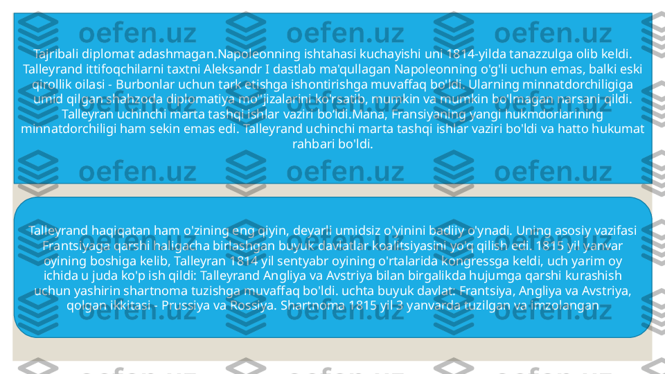 Tajribali diplomat adashmagan.Napoleonning ishtahasi kuchayishi uni 1814-yilda tanazzulga olib keldi. 
Talleyrand ittifoqchilarni taxtni Aleksandr I dastlab ma'qullagan Napoleonning o'g'li uchun emas, balki eski 
qirollik oilasi - Burbonlar uchun tark etishga ishontirishga muvaffaq bo'ldi. Ularning minnatdorchiligiga 
umid qilgan shahzoda diplomatiya mo''jizalarini ko'rsatib, mumkin va mumkin bo'lmagan narsani qildi. 
Talleyran uchinchi marta tashqi ishlar vaziri boʻldi.Mana, Fransiyaning yangi hukmdorlarining 
minnatdorchiligi ham sekin emas edi. Talleyrand uchinchi marta tashqi ishlar vaziri bo'ldi va hatto hukumat 
rahbari bo'ldi.
Talleyrand haqiqatan ham o'zining eng qiyin, deyarli umidsiz o'yinini badiiy o'ynadi. Uning asosiy vazifasi 
Frantsiyaga qarshi haligacha birlashgan buyuk davlatlar koalitsiyasini yo'q qilish edi. 1815 yil yanvar 
oyining boshiga kelib, Talleyran 1814 yil sentyabr oyining o'rtalarida kongressga keldi, uch yarim oy 
ichida u juda ko'p ish qildi: Talleyrand Angliya va Avstriya bilan birgalikda hujumga qarshi kurashish 
uchun yashirin shartnoma tuzishga muvaffaq bo'ldi. uchta buyuk davlat: Frantsiya, Angliya va Avstriya, 
qolgan ikkitasi - Prussiya va Rossiya. Shartnoma 1815 yil 3 yanvarda tuzilgan va imzolangan 