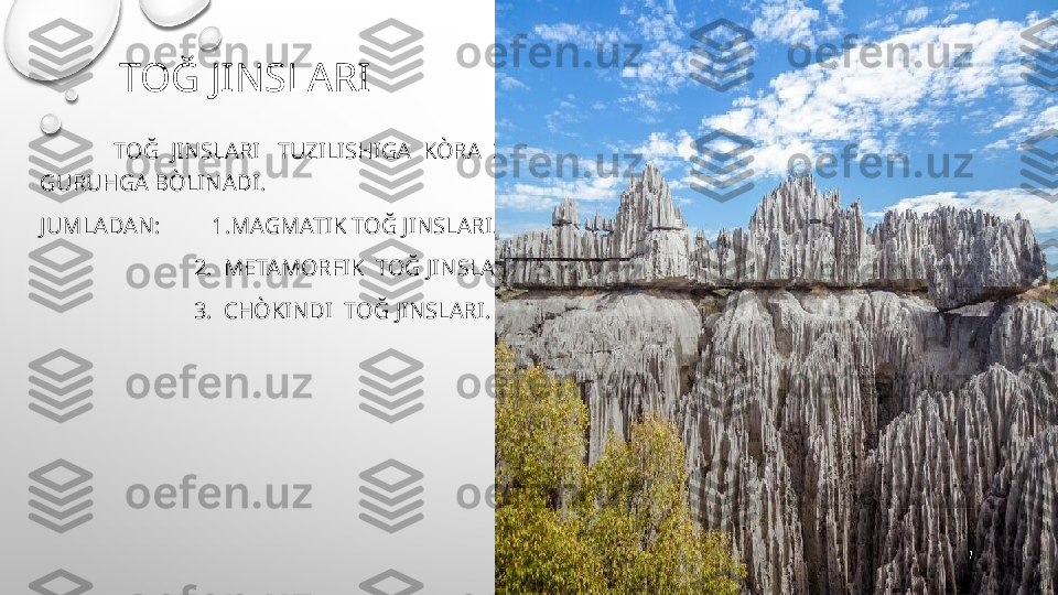 TOĞ JINSLARI
              TOĞ  JINSLARI   TUZILISHIGA  KÒRA  3 
GURUHGA BÒLINADI.  
JUMLADAN:         1.MAGMATIK TOĞ JINSLARI.
                            2.  METAMORFIK  TOĞ JINSLARI.
                            3.  CHÒKINDI  TOĞ JINSLARI. 