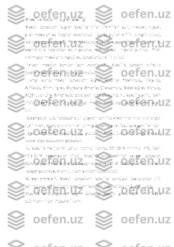 Mevali daraxtlarni kuyish kasalligi — 
Mevali   daraxtlarni   kuyish   kasalligi   bilan   o‘simlikni   guli,   novdasi,   poyasi,
yosh   mevalari   va   barglari   zararlanadi.   Bunda   gullari   so‘lib   qorayib   qoladi,
lekin   yerga   tushmaydi.   Yosh   novdalar,   poyalar   suvga   to‘lgan   holda   bo‘lib,
keyinchalik   barglardan   va   poyalarda   oqib   tushadi.   Poyalar   yoriladi.   Yosh
pishmagan mevalar qorayadi va daraxtlarda osilib qoladi.
Pishgan   mevalar   kamdan   kam   zararlanadi.   Kasallik   daraxtni   po‘stloq
parenximasidan butun daraxtga tarqaladi.
Hozirgi   kunda   mevali   daraxtlarni   kuyish   kasalligi   Yevropada,   Osiyoda,
Afrikada, Shimoliy va Markaziy Amerika (Gvatemala, Meksika) va Kanada,
AQSh, Janubiy Amerikada tarqalgan. O‘zbekistonda bu kasallik yo‘q, lekin
o‘tib   qolsa   butun   O‘zbekistondagi   mevali   daraxtlarga   zarar   keltirish   xavfi
bor.
Bakteriyalar juda harakatchan, hujayrani atrofida xivchinlar bilan qoplangan
0,7-1 mkm, sporalar qobiq hosil qilmaydi, aerob yoki fakultativ aerof xilidan.
Hayot   kechirishi.   Kasallik   juda   yuqumli.   Atirguldoshlar   oilasiga   mansub
daraxtlarga katta zarar yetkazadi.
Bu   kasallik   rivojlanish   uchun   optimal   harorat   22°-25°S   minimal   3°S,   lekin
43.5-50°S   bakteriyalar   o‘ladi.   Kasallik   tarqatuvchilari   asosan   daraxtlar.
Zararlangan o‘simliklar chiqaradigan suyuqlik 100 % bakteriyalardan iborat.
Bakgeriyalar suv, shamol, odam yordamida tarqaladi.
Kurash   choralari.   Mevali   daraxtlarni   kasalligi   tarqalgan   davlatlardan   olib
kelinadigan ko‘chatlarni, mevalarni karantin nazoratidan o‘tkazish lozim.
Kasallik   aniqlangandan   keyin   daraxtlar   kesilib   yondiriladi.   Profilaktik
tadbirlarini ham o‘tkazish lozim. 