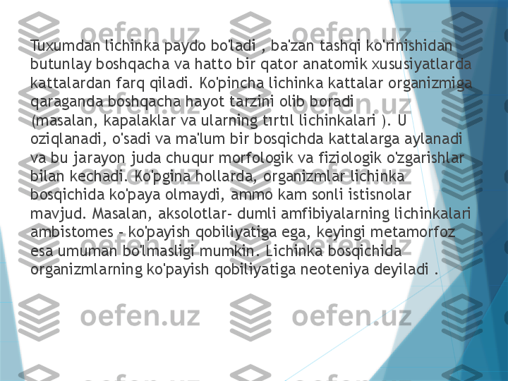 Tuxumdan lichinka paydo bo'ladi , ba'zan tashqi ko'rinishidan 
butunlay boshqacha va hatto bir qator anatomik xususiyatlarda 
kattalardan farq qiladi. Ko'pincha lichinka kattalar organizmiga 
qaraganda boshqacha hayot tarzini olib boradi 
(masalan, kapalaklar va ularning tırtıl lichinkalari ). U 
oziqlanadi, o'sadi va ma'lum bir bosqichda kattalarga aylanadi 
va bu jarayon juda chuqur morfologik va fiziologik o'zgarishlar 
bilan kechadi. Ko'pgina hollarda, organizmlar lichinka 
bosqichida ko'paya olmaydi, ammo kam sonli istisnolar 
mavjud. Masalan, aksolotlar- dumli amfibiyalarning lichinkalari 
ambistomes - ko'payish qobiliyatiga ega, keyingi metamorfoz 
esa umuman bo'lmasligi mumkin. Lichinka bosqichida 
organizmlarning ko'payish qobiliyatiga neoteniya deyiladi .                   