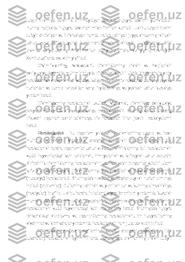 turgor   bosimiga   qarshilik   qilinmaydigan   darajada   hujayra   devorini   yumshatadi.
Buning   natijasida   hujayra   devorlari   mikrofibrillari   suriladi.   Ushbu   turgor   bosimi
tufayli cho‘zilgan va bo‘shashgan hamda oralari ochilgan joyga sintazning ishlashi
uchun   zarur   bo‘lgan   yangi   komponentlar   kela   boshlaydi.   Hujayraning   uchki
qismida   sellyulozaning   mikrofibrillari   qat’iy   bir   o‘lchamsiz   yig‘ila   boshlaydi.
Zamburug‘larda esa xitin yig‘iladi.
O‘simliklarning   harakatlari.   O‘simliklarning   o‘sishi   va   rivojlanishi
evolyutsiya davomida muhim bir joyda o‘tganligi sababli ularda bir qancha hayotiy
harakatlanish mexanizmlari vujudga kelgan. Bu hol o‘z navbatida ularning quyosh
nurlaridan   va   tuproq   oziqasidan   keng   foydalanishga   va   yashash   uchun   kurashga
yordam beradi.
O‘simliklarning   harakatlanish   usullari.   Ma’lumki,   o‘simliklar   evolyutsiya
jarayoni   mobaynida   o‘troq   yashashga   moslashgandir.   Shuning   uchun   ularning
o‘suvchi   organlari   tashqi   ta’sirlarga   o‘z   harakatlari   bilan   javob     reaksiyalarini
beradi.
Harakatlanish   -   bu   organizm   yoki   uning   qismlarining   tuproq   va   havo
muhitida   siljishidir.   Metabolik   energiya   sarflanishi   bilan   boradigan   faol
harakatlanish barcha organizmlar uchun xosdir. O‘simliklarning faol harakatlanishi
xuddi   hayvonlardagi   kabi   oziqlanish,   himoyalanish   va   ko‘payish   uchun   zarurdir.
Ko‘pchilik o‘simliklarning harakatlanishi juda ham sekin borganligi sababli ularni
ko‘z   bilan   ilg‘ash   qiyin.   O‘simliklarning   tepa   novdalari   va   ildiz   uchlari   aylanma
(nutatsiya) harakatlanadi. Shuningdek novdalar va barglar quyosh nurlari tomonga
intiladi (tropizmlar). Gullarning ochilishi va yopilishi tun va kunning almashishiga
(nastiyalar)  bog‘liq. Ushbu barcha holatlarni seytrafer  pribori yordamida kuzatish
mumkin.   Masalan   mimozalar,   uyatchanlar,   hashororxo‘rlar   va   boshqalarning
harakatlanishi  xuddi  hayvonlardagi  kabi  o‘ta tez ro‘y beradi. Shuningdek hujayra
ichkarisidagi   sitoplazma   va   organoidlarning   harakatlanishi,   bir   hujayralilarning
xivchinlar va kiprikchalar yordamida harakatlanishi ham juda tez sodir bo‘ladi.
O‘simliklarning   (zamburug‘laming   giflari,   changchi   naychalari,   ildiz
tukchalari) harakatlanishi ayrim hollarda ularning tepa qismlarining o‘sishi tufayli 