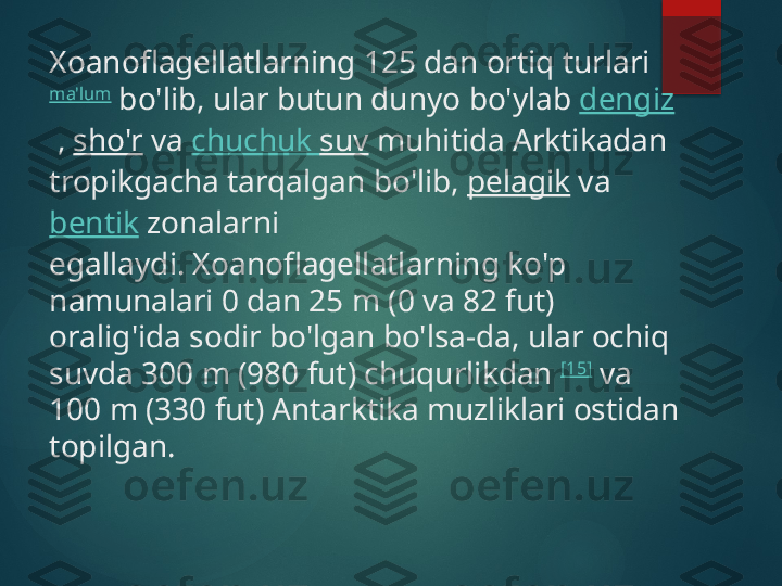 Xoanoflagellatlarning 125 dan ortiq turlari 
ma'lum
 bo'lib, ular butun dunyo bo'ylab  dengiz
 ,  sho'r  va  chuchuk   suv  muhitida Arktikadan 
tropikgacha tarqalgan bo'lib,  pelagik  va 
bentik  zonalarni 
egallaydi. Xoanoflagellatlarning ko'p 
namunalari 0 dan 25 m (0 va 82 fut) 
oralig'ida sodir bo'lgan bo'lsa-da, ular ochiq 
suvda 300 m (980 fut) chuqurlikdan  [15]
 va 
100 m (330 fut) Antarktika muzliklari ostidan 
topilgan.       